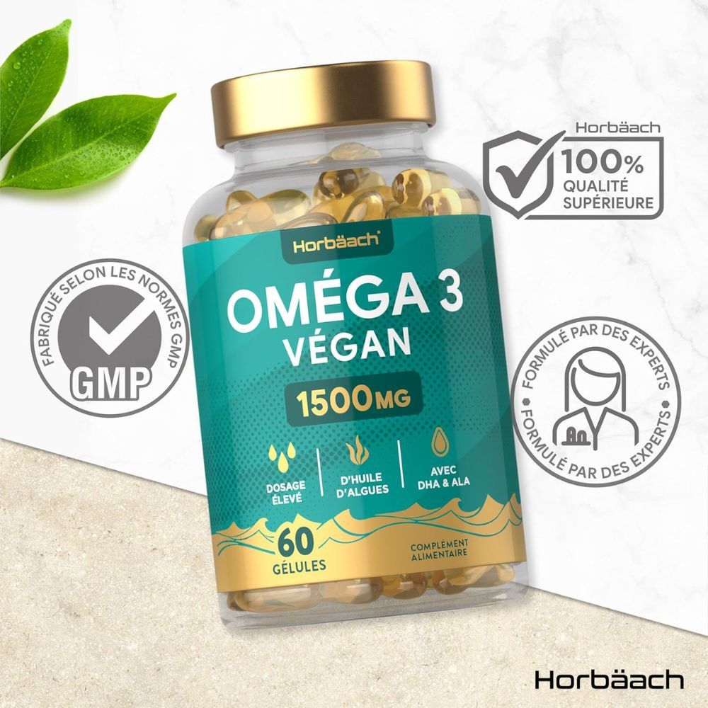 Flacon avec gélules. Horbaach Oméga 3 Vegan 1500mg. 60 gélules. Certification GMP.