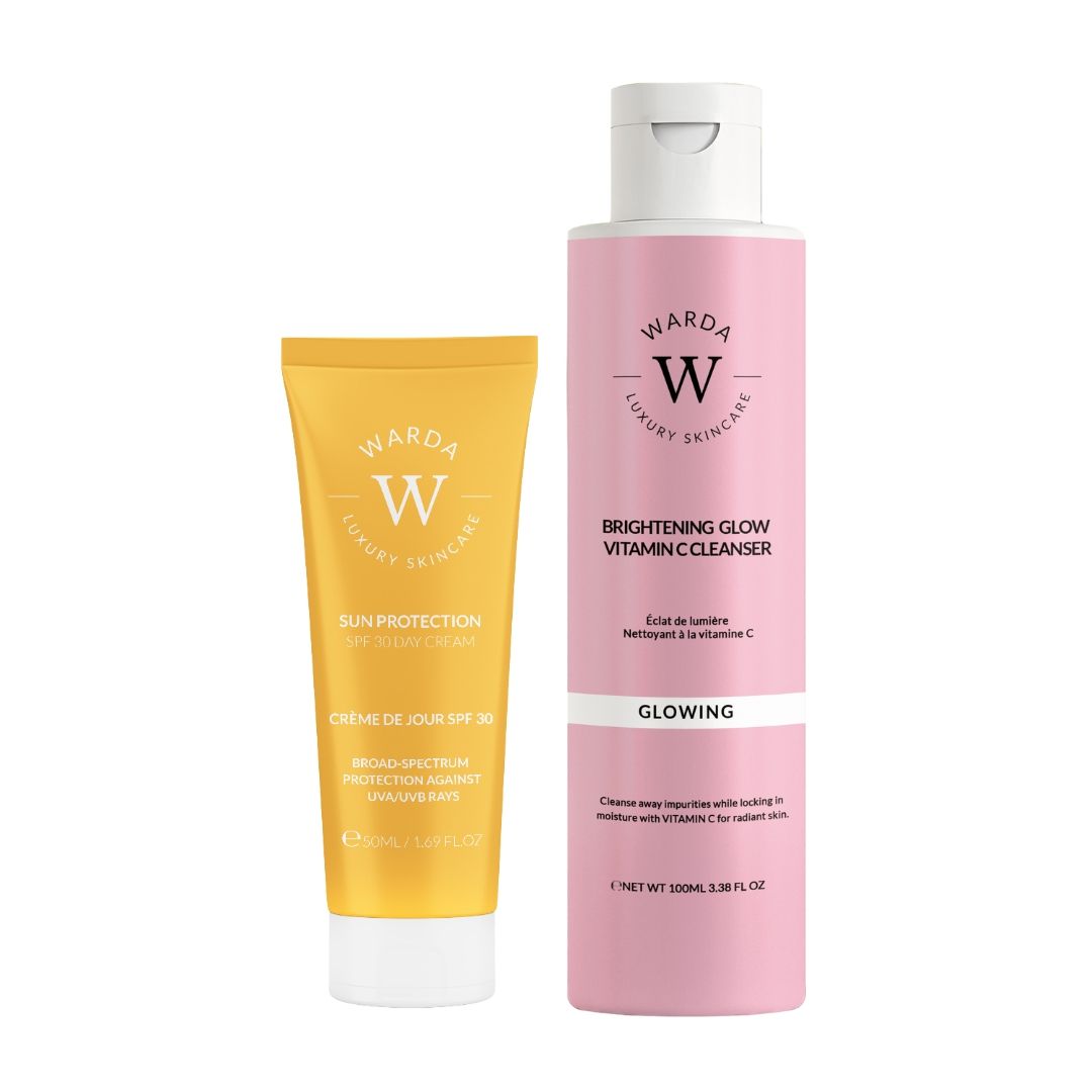 Tube jaune et flacon rose. Inscription : Warda Luxury Skincare, Vitamin C Cleanser, SPF 30 Day Cream. Protection solaire.