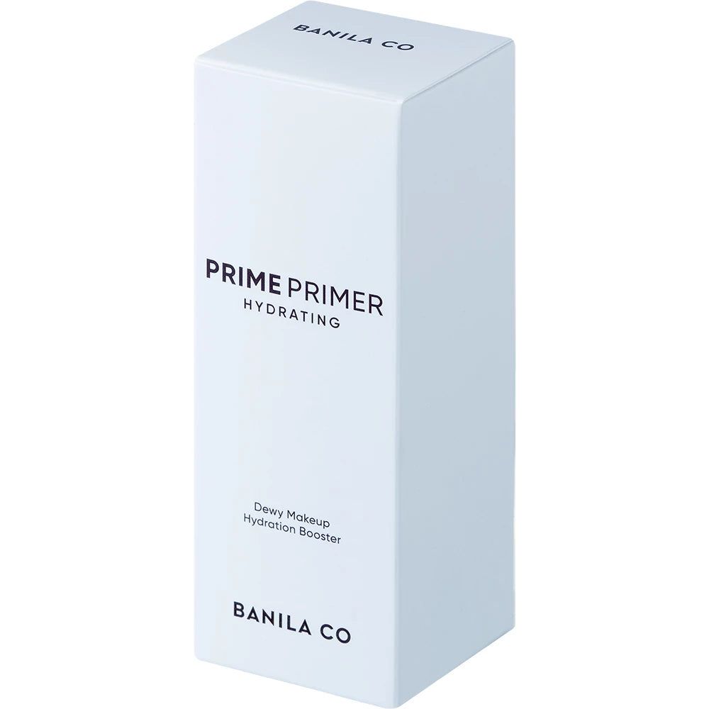 Witte productverpakking. Opschrift: PRIME PRIMER HYDRATING, BANILA CO. Met tekst: Dewy Makeup Hydration Booster.