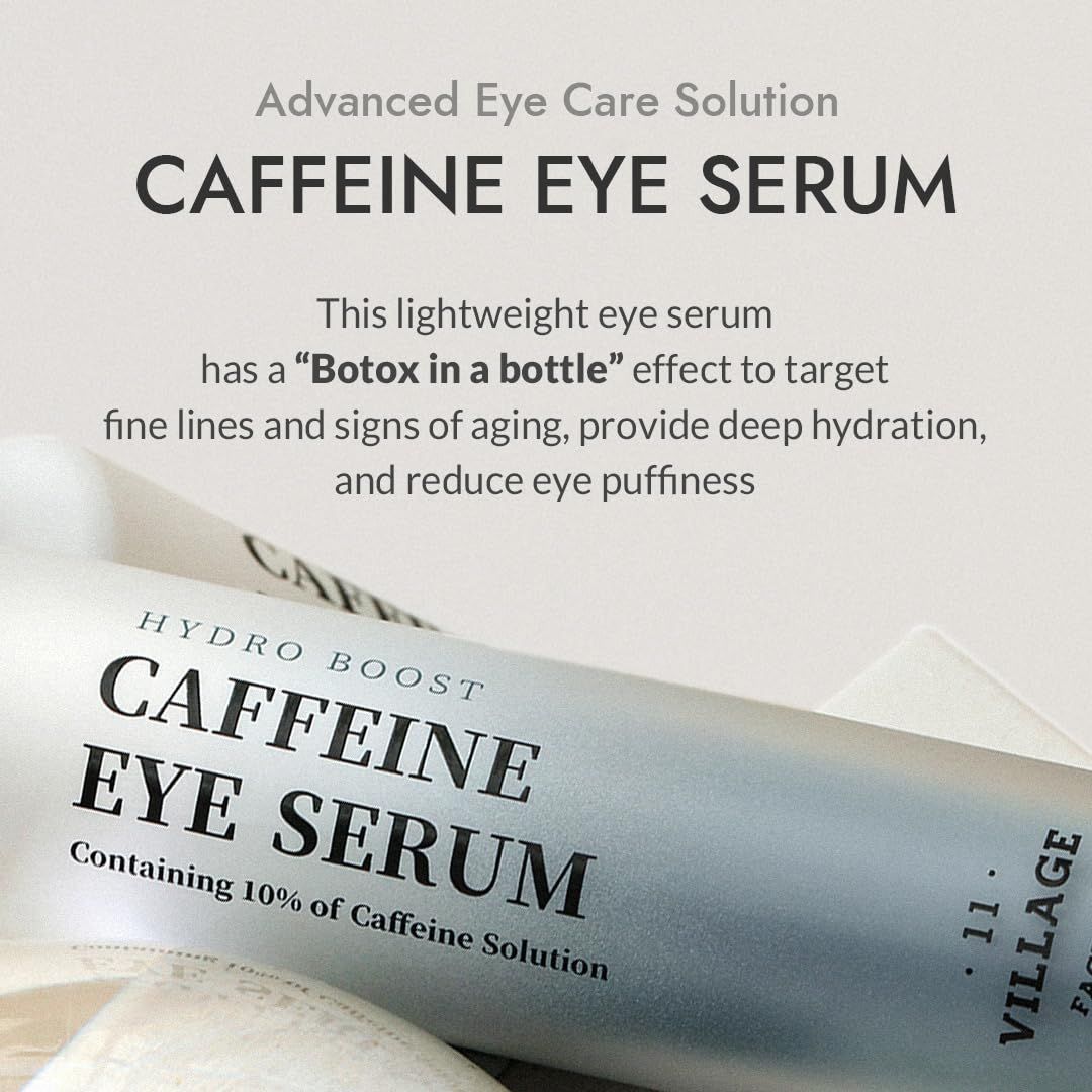 Gros plan du produit. Texte : Hydro Boost Caffeine Eye Serum. Contient 10% de solution de caféine. Texte : Advanced Eye Care Solution.