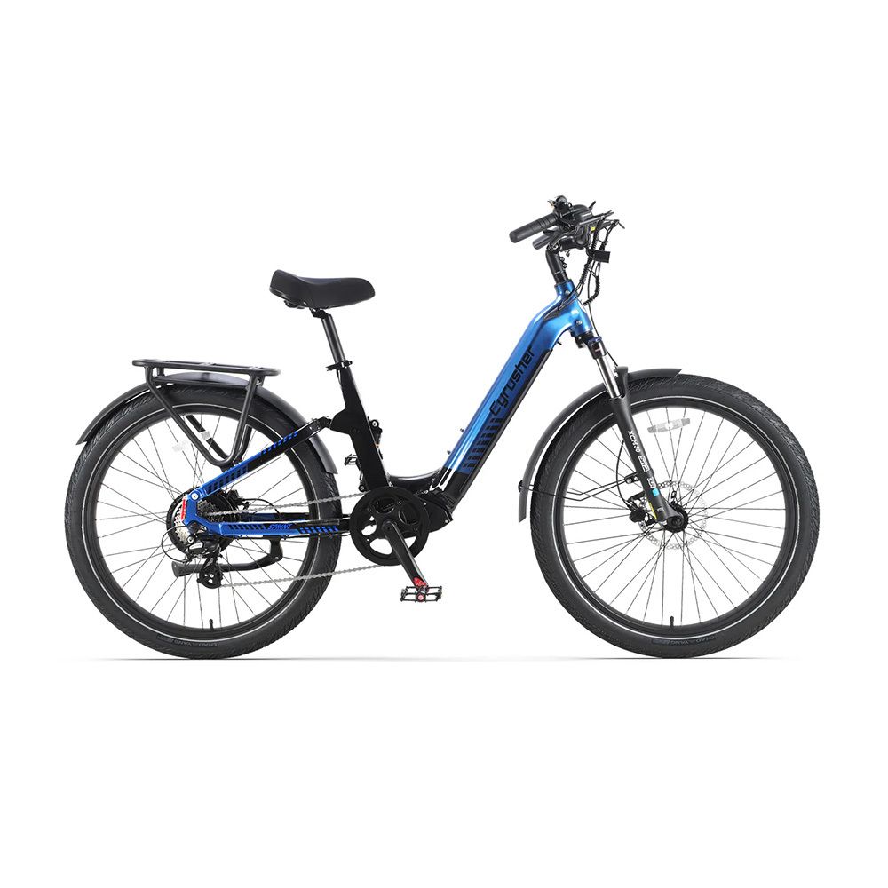 Blauw-zwarte e-bike. Spatborden, bagagerek, 8 versnellingen. Cyrusher Sprint.
