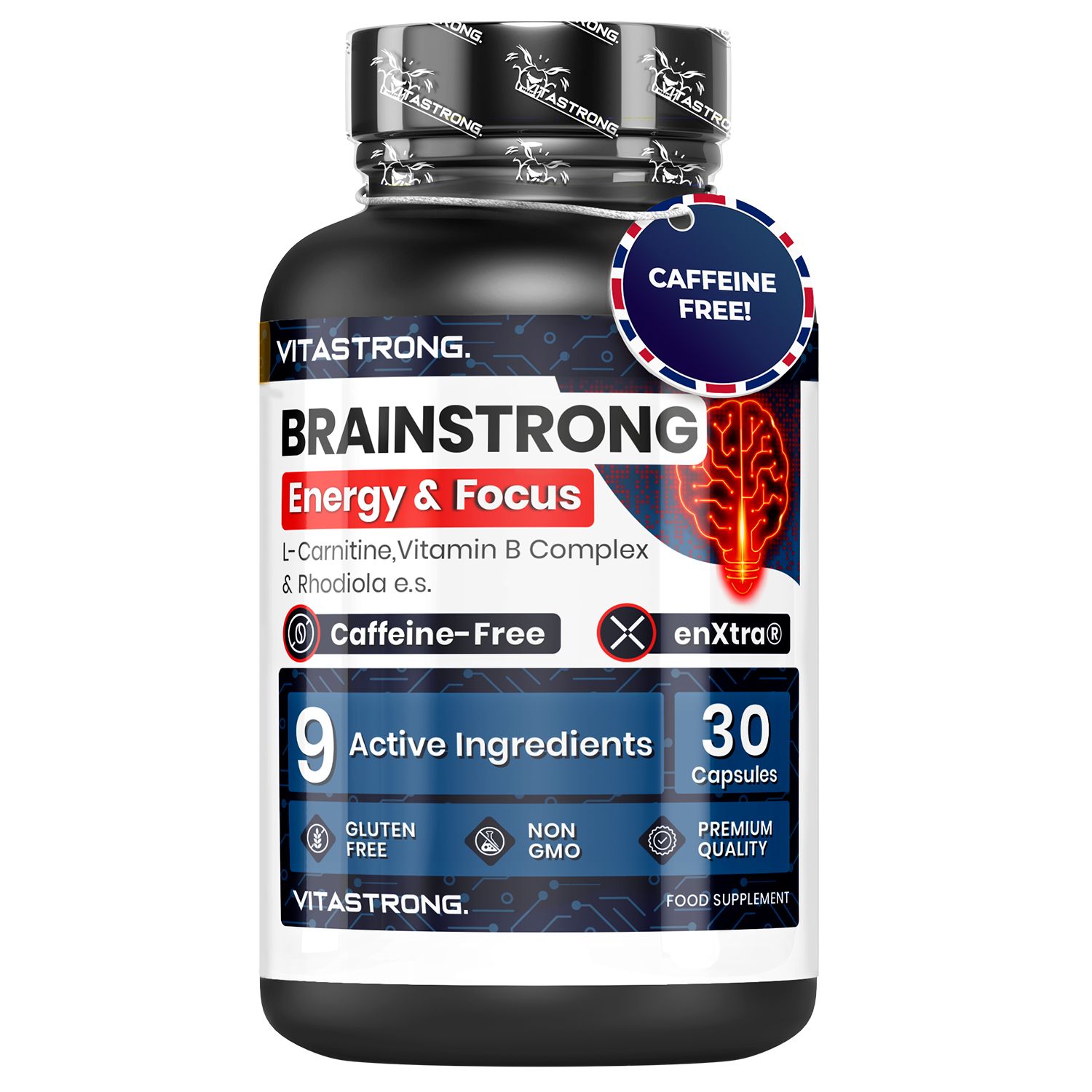 Vitastrong Brainstrong, 30 gélules. Flacon noir, étiquette rouge. Texte : Brainstrong, Energy & Focus, sans caféine, 9 ingrédients.