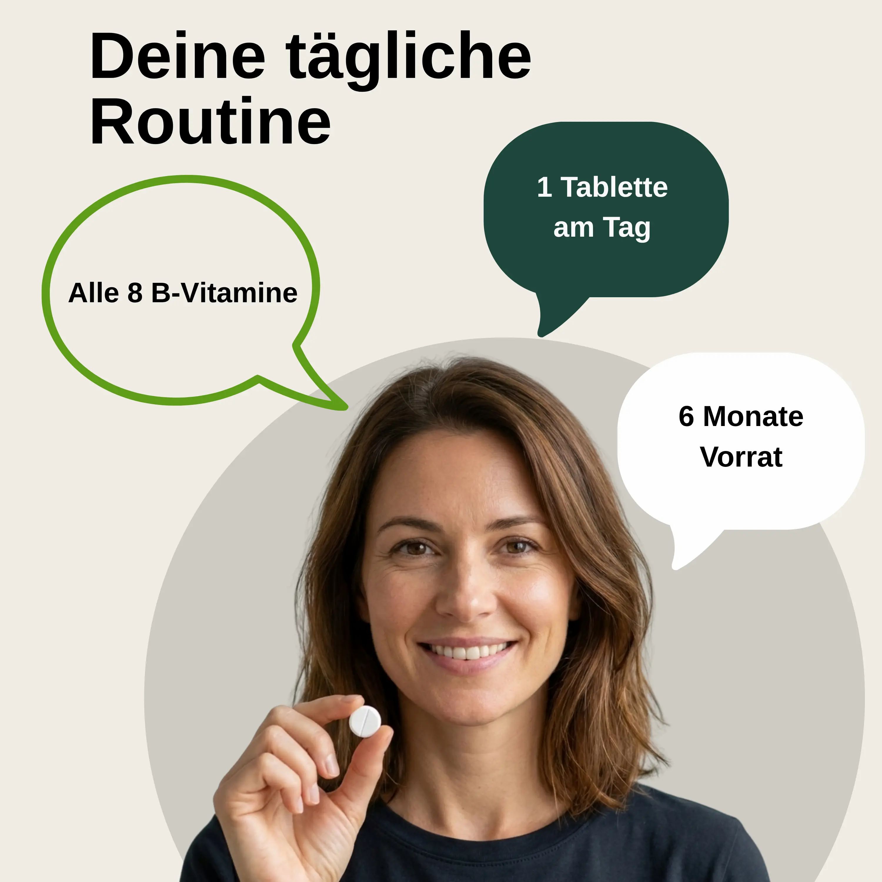 Femme tenant un comprimé, montre la routine quotidienne avec les 8 vitamines B pour 6 mois d'approvisionnement.