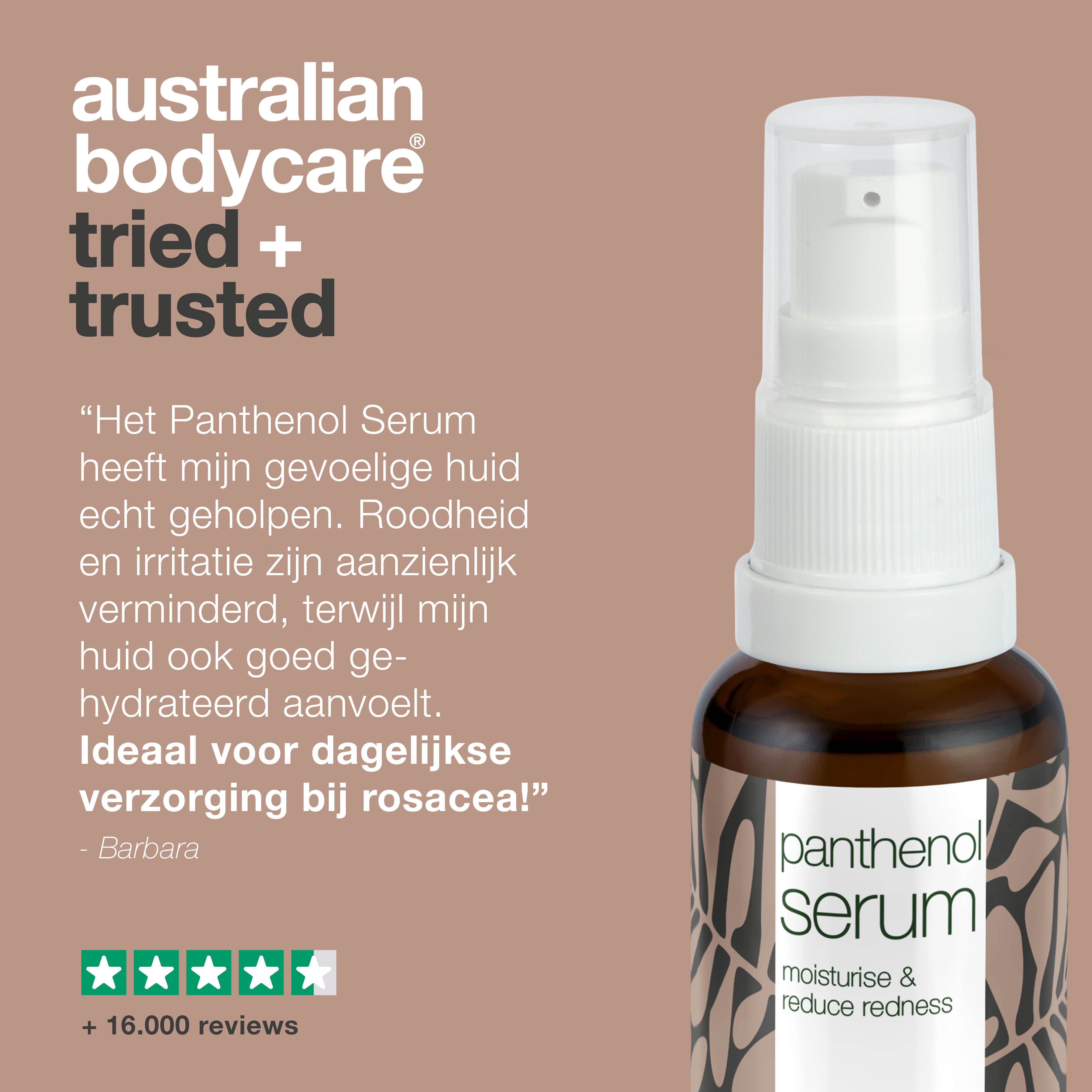 Flesje Panthenol Serum. Tekst: Het Panthenol Serum heeft mijn gevoelige huid echt geholpen.