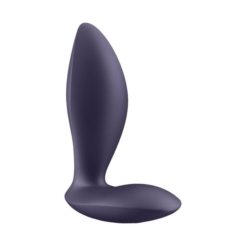Vibrateur anal violet foncé vu de côté, de forme incurvée avec une base large.