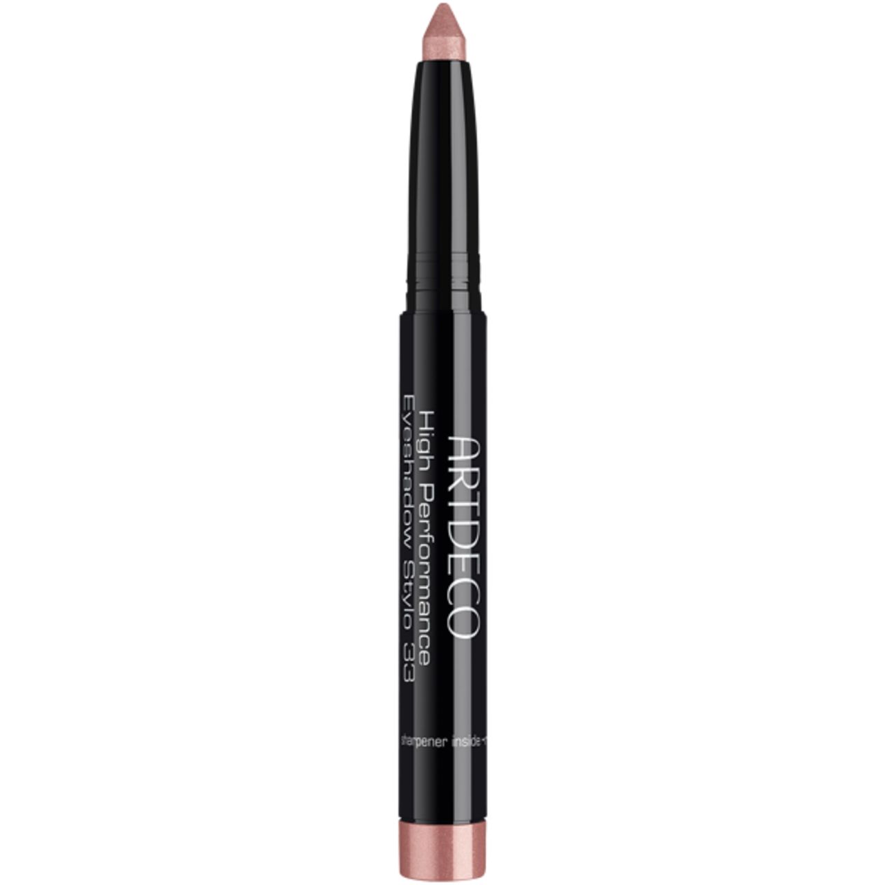 Artdeco High Performance Eyeshadow Stylo. Zwarte stift met roze punt. Productweergave.