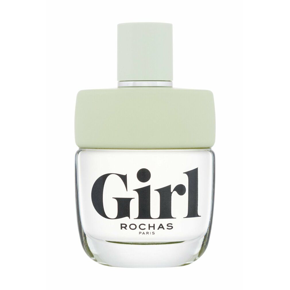 Girl Eau de Toilette Spray. Flacon vert clair avec lettrage noir. "Girl" et "Rochas" sont visibles.