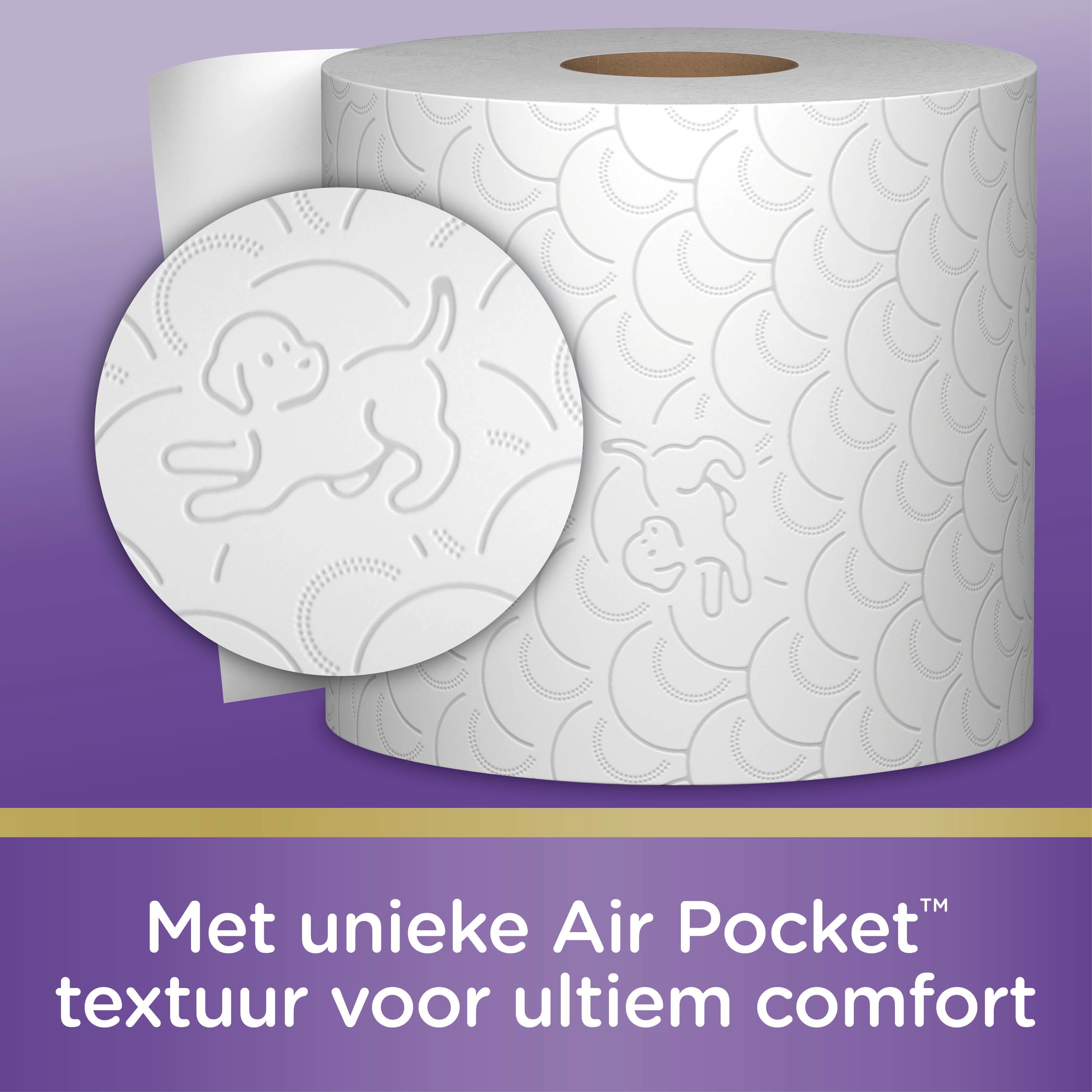 Gros plan sur du papier toilette avec texture Air Pocket. Vue agrandie avec illustration de chien.