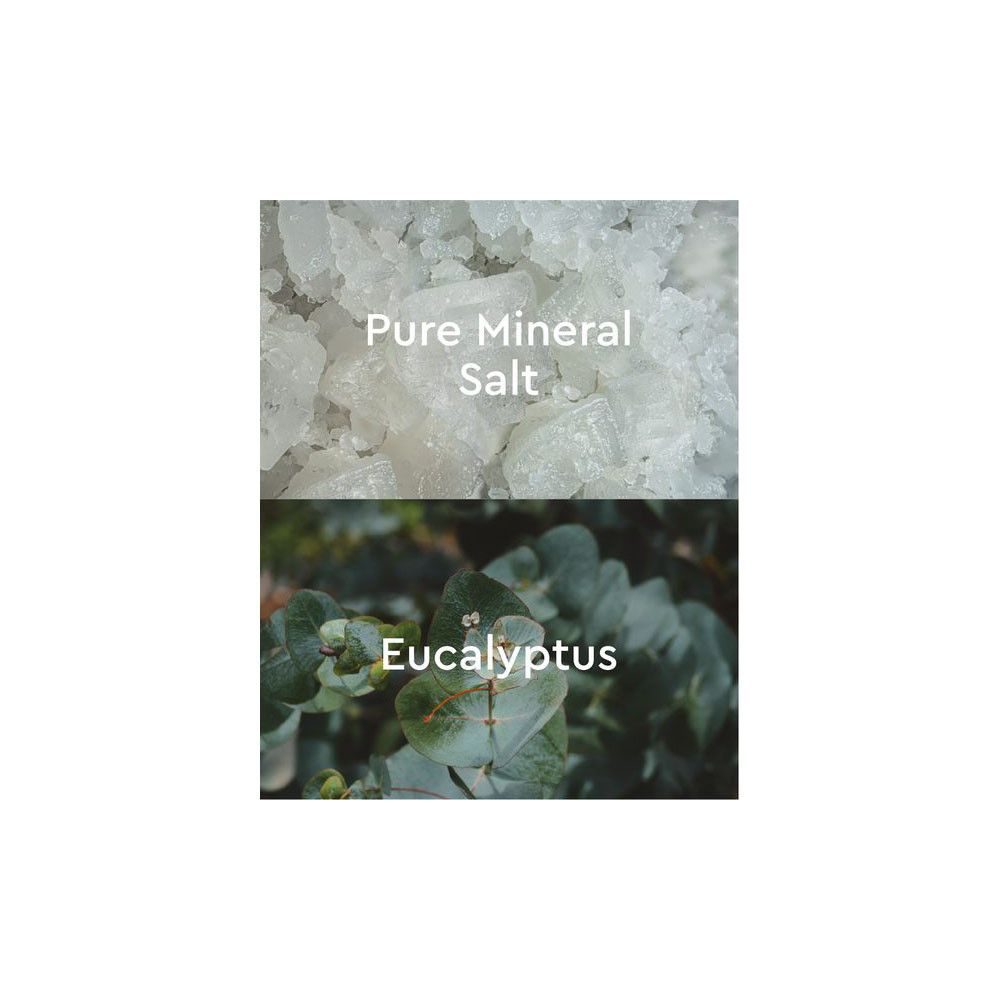 Deux zones distinctes: Sel minéral pur en haut, feuilles d'eucalyptus en bas. Texte: Pure Mineral Salt, Eucalyptus.