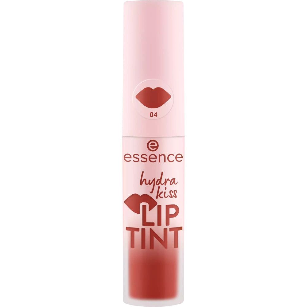 Essence Hydra Kiss Lip Tint. Flacon fermé. Teinte 04. Emballage rose, contenu rouge.
