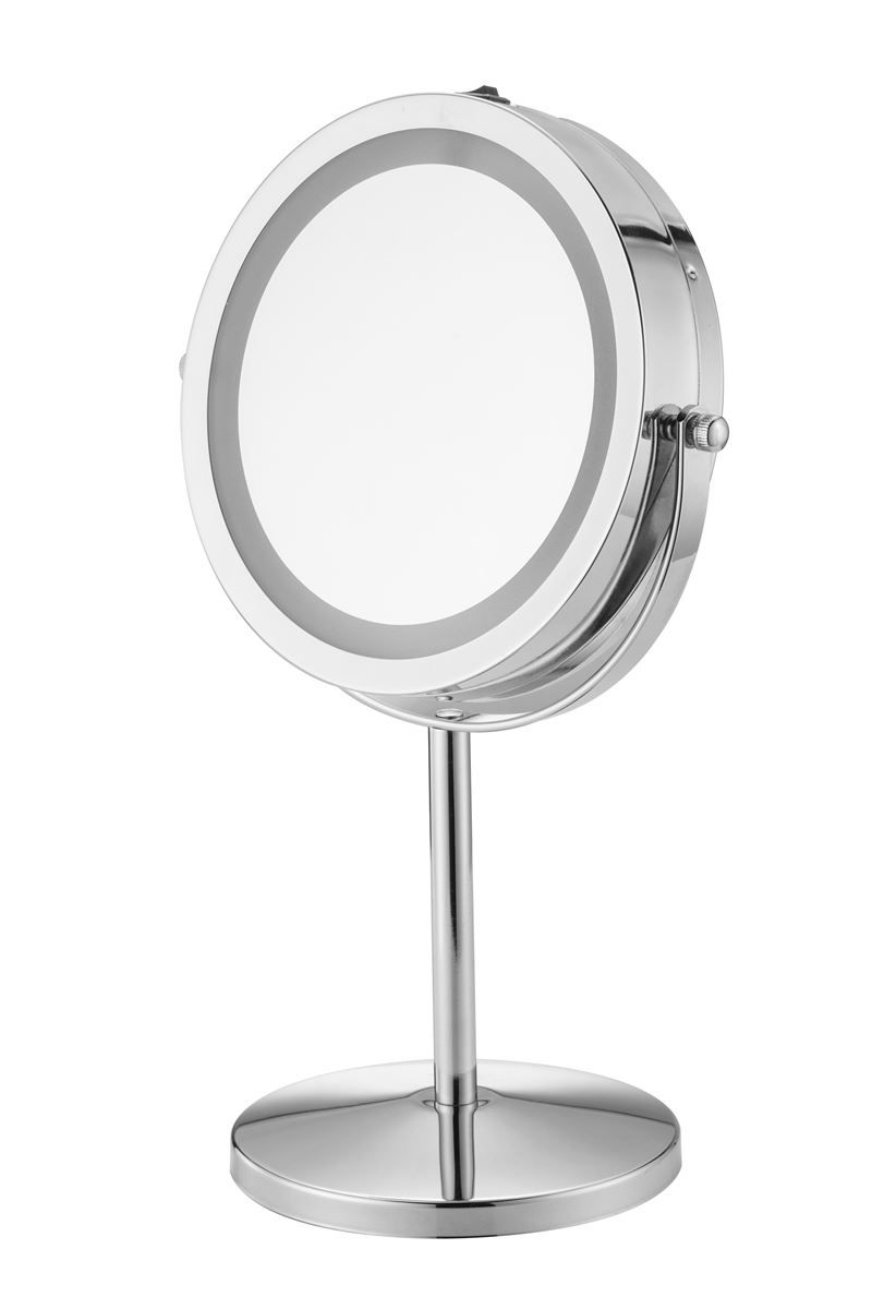 Miroir de maquillage rond avec anneau lumineux LED sur un pied métallique poli.