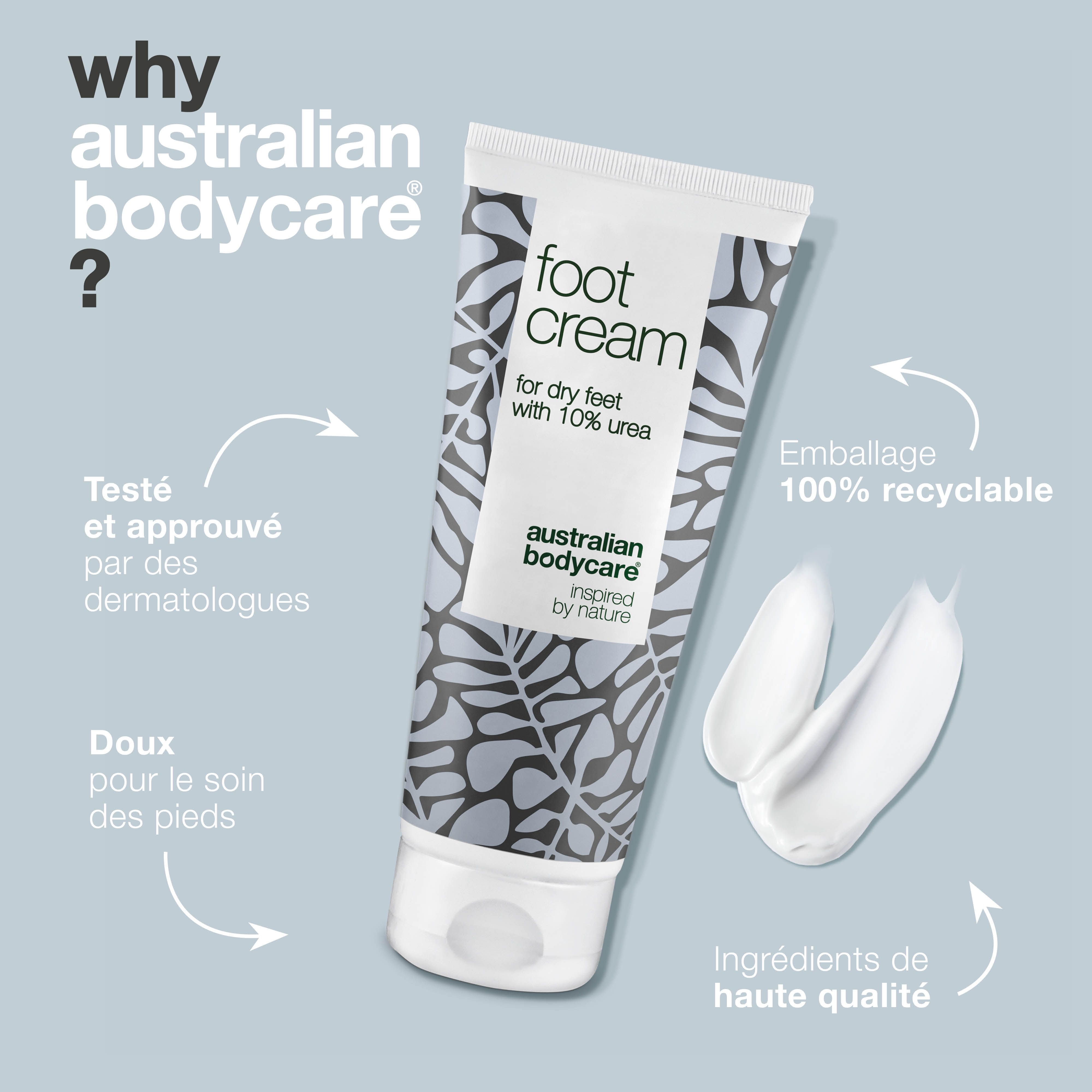 Tube de crème pour les pieds avec texte : "foot cream", "for dry feet", "10% urea", "australian bodycare".