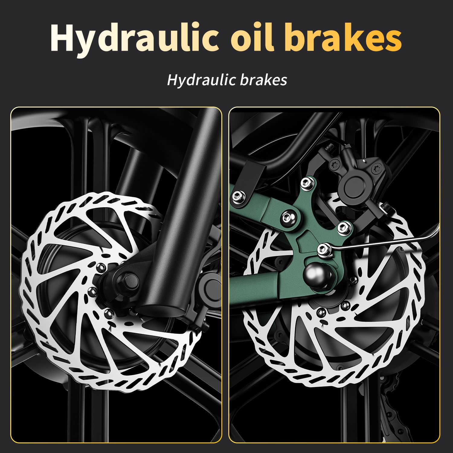 Gros plan sur les freins à disque hydrauliques d'un vélo électrique. Texte : "Hydraulic oil brakes".