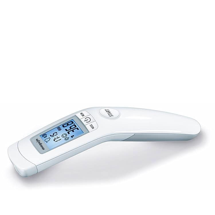 Wit, ergonomisch infraroodthermometer met display. Toont temperatuur, tijd en symbolen. Met START-knop.