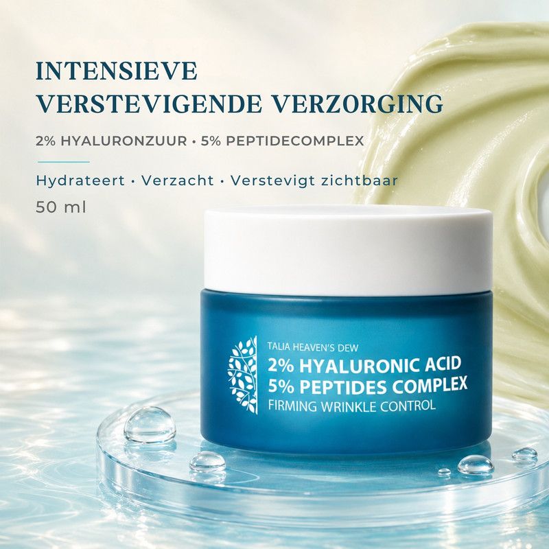 Een potje crème met hyaluronzuur en peptidecomplex, met gebruiksinstructies.