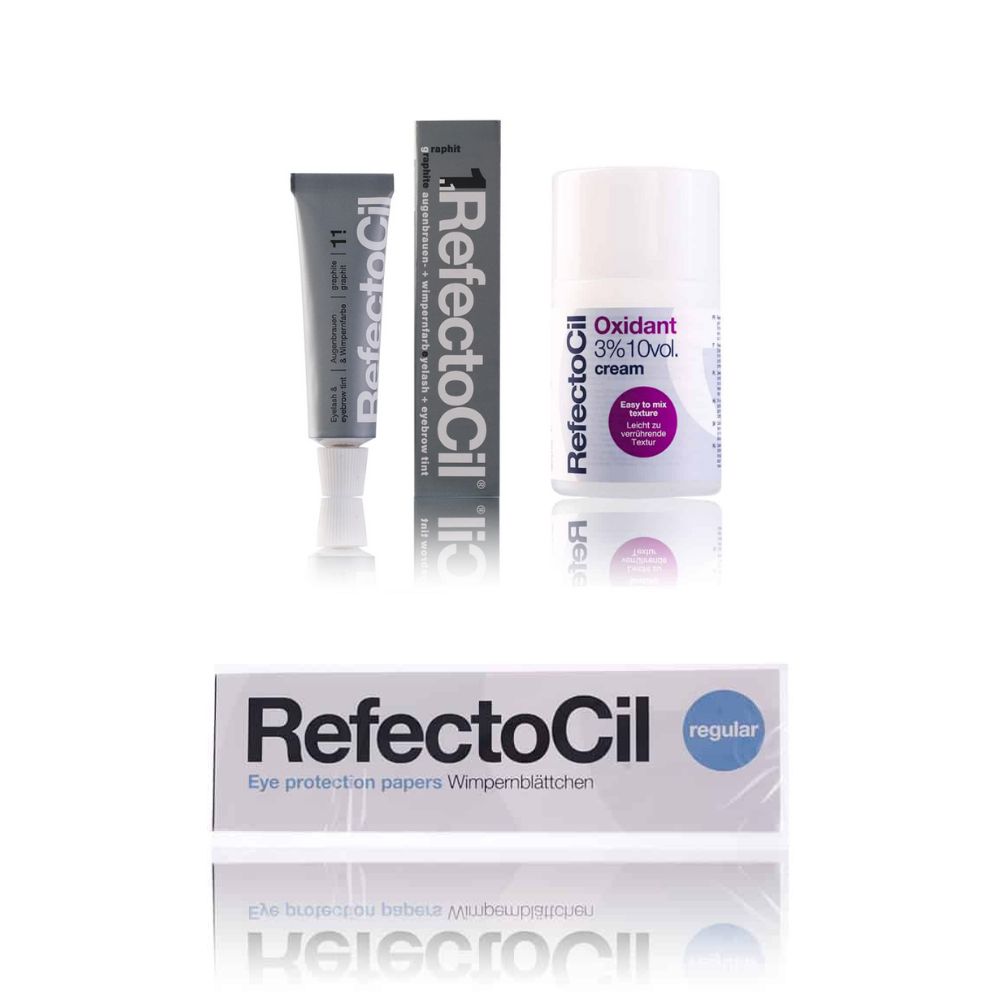 Drie producten: tube, staafje, crème en doos. Opschriften: RefectoCil, Oxidant 3% 10vol cream, Wimpernblättchen.