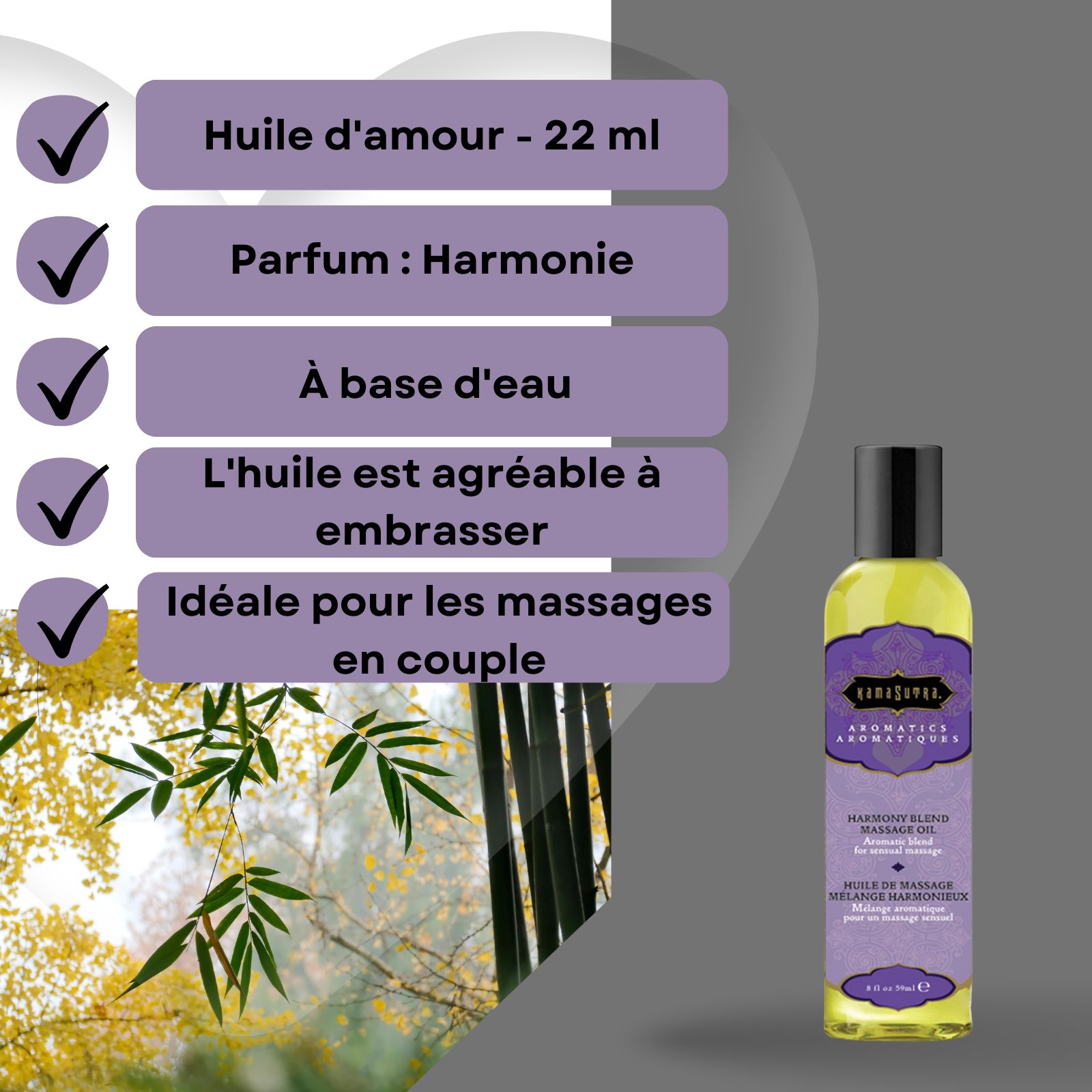 Flacon d'huile de massage à côté de zones de texte. Texte : Huile de massage avec arôme Harmony Blend, à base d'eau, nourrit la peau, idéale pour les massages en couple.