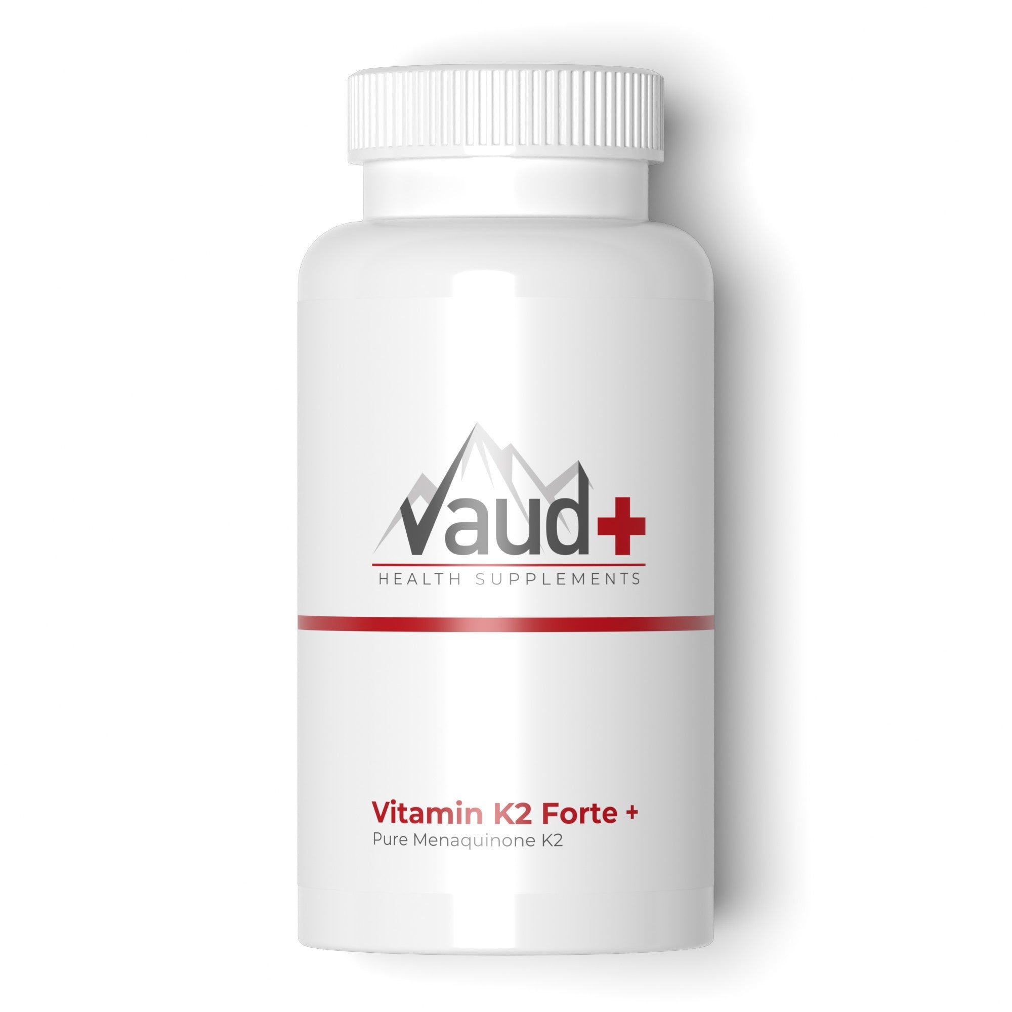 Witte fles met schroefdop. Opschrift: Vaud+ HEALTH SUPPLEMENTS, Vitamin K2 Forte + Pure Menaquinone K2.