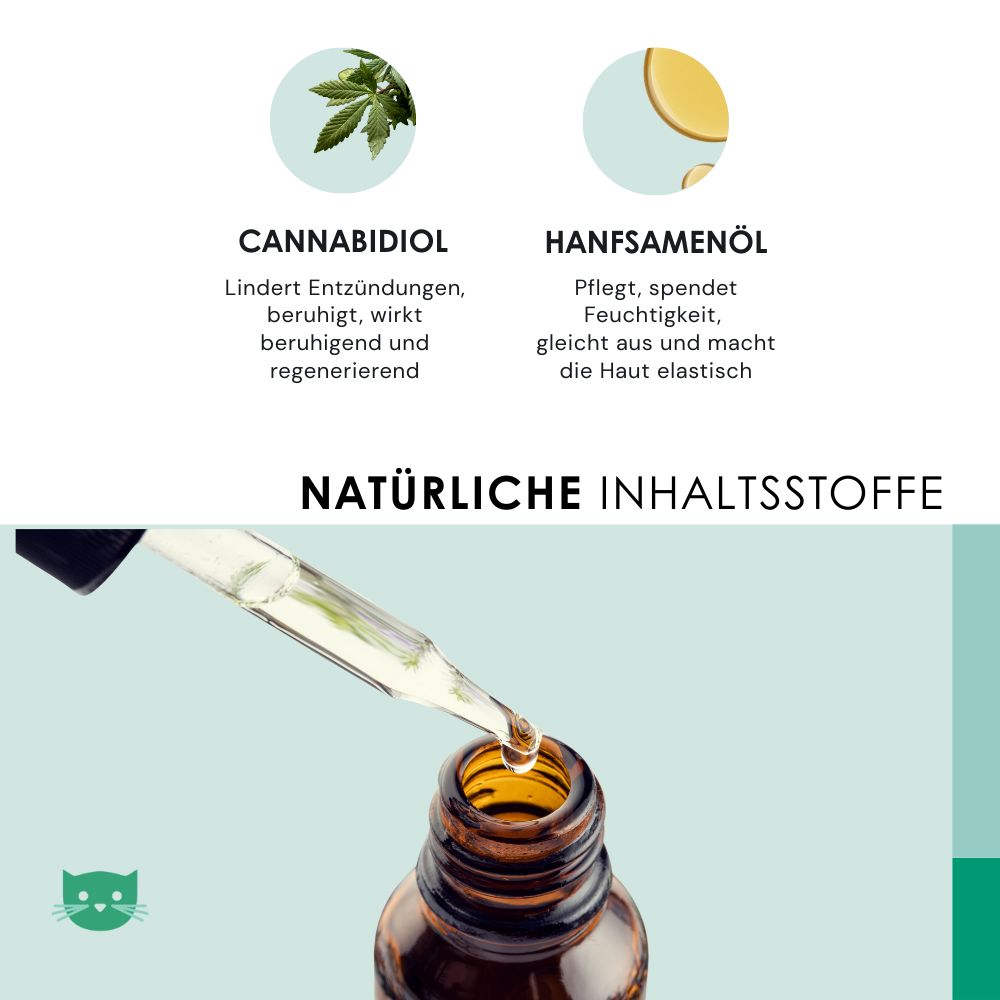Grafiek met cannabidiol en hennepzaadolie. Tekst beschrijft ingrediënten en hun werking.