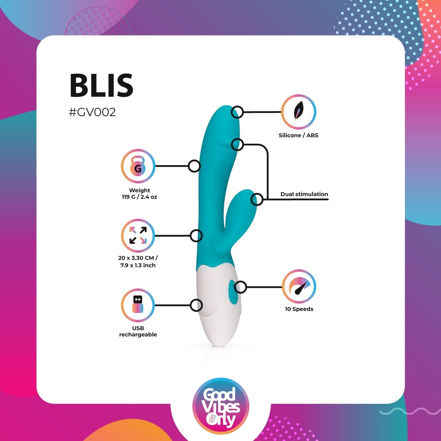 Turquoise-witte vibrator met productinformatie. Bevat gewicht, afmetingen, materialen en functies.