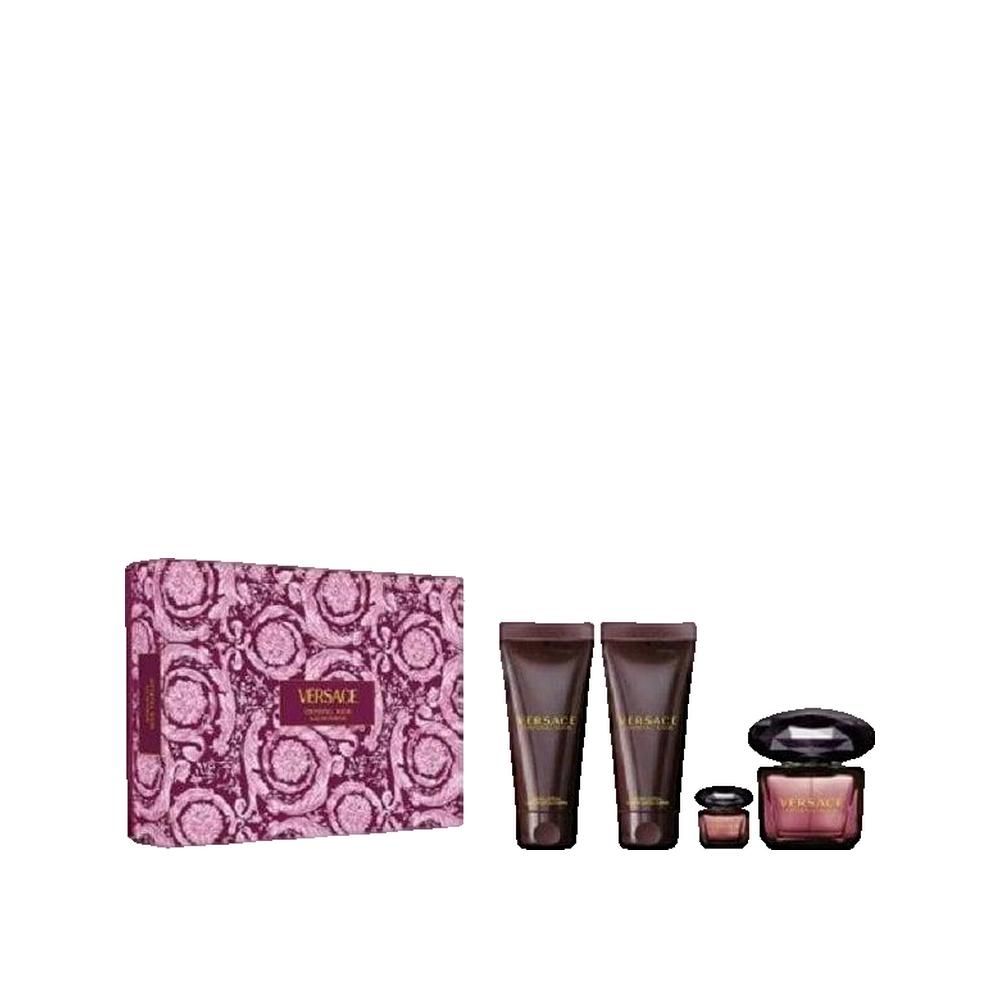 Coffret cadeau Versace Crystal Noir. Comprend une boîte, deux tubes, un petit pot et un flacon de parfum. Tons violets et bruns.