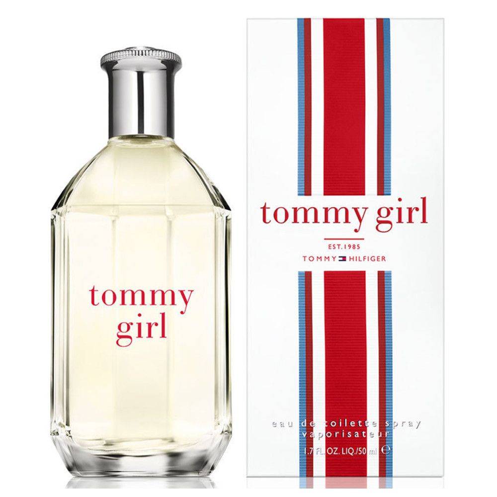Flesje met "tommy girl" en verpakking. Verpakking met rode en blauwe strepen. "Eau de Toilette Spray".