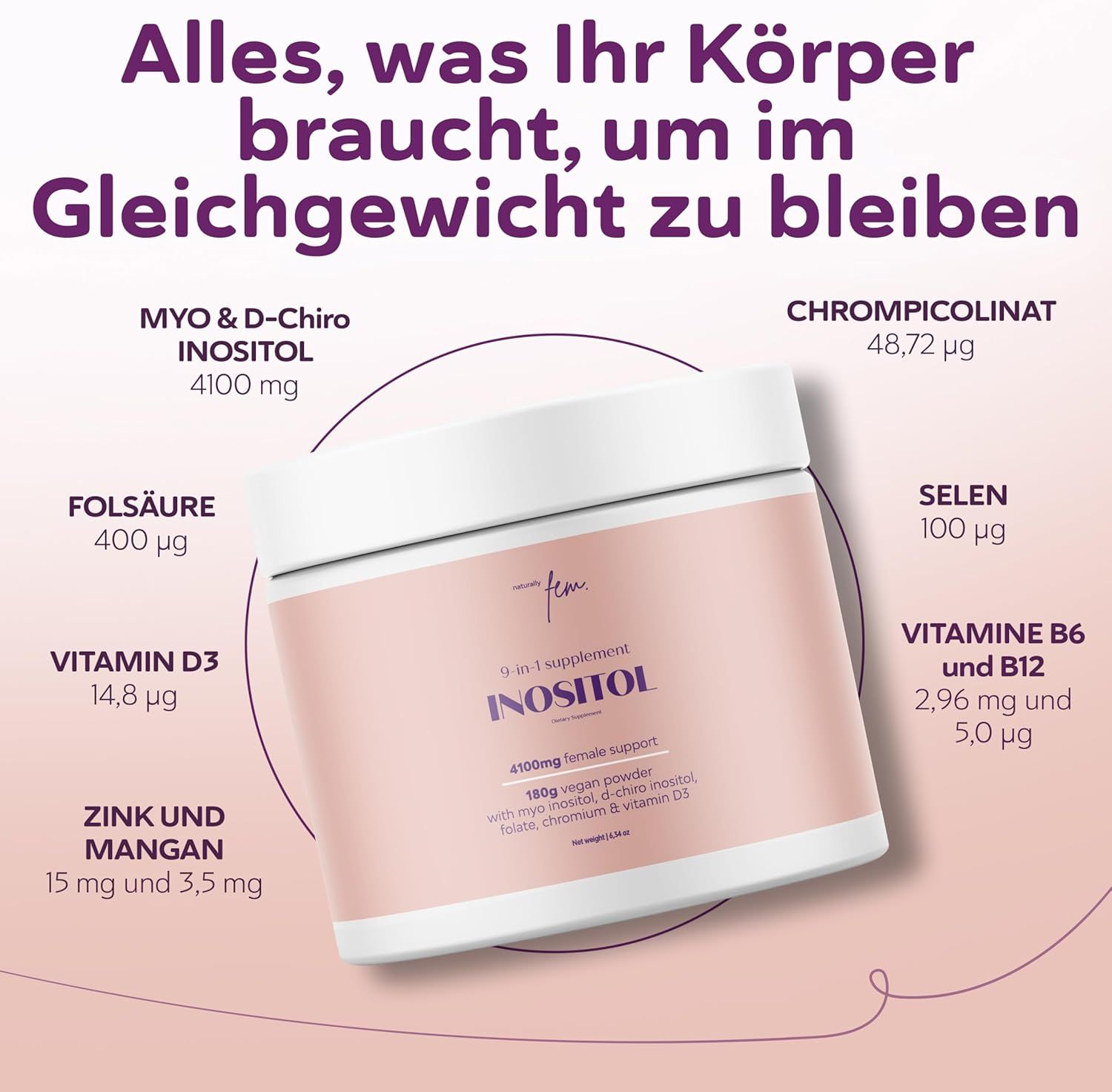 Poudre QSTA D-Chiro & Myo Inositol : pot avec ingrédients tels que Myo & D-Chiro Inositol, Folate, Vitamine D3, Zinc.