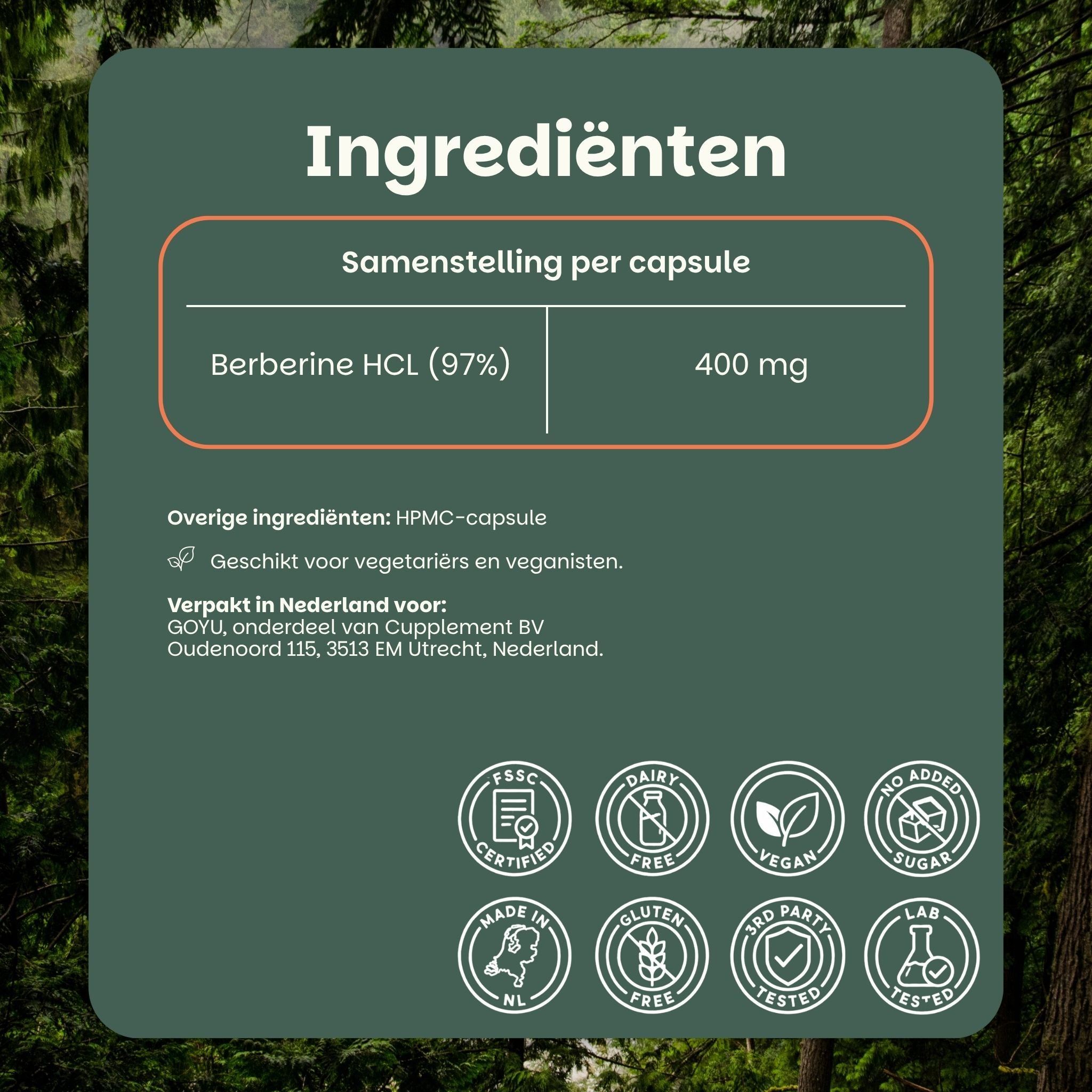 GOYU berberine capsules: 400 mg per capsule, 98% HCL-extract, lange houdbaarheid, vegan capsules.
