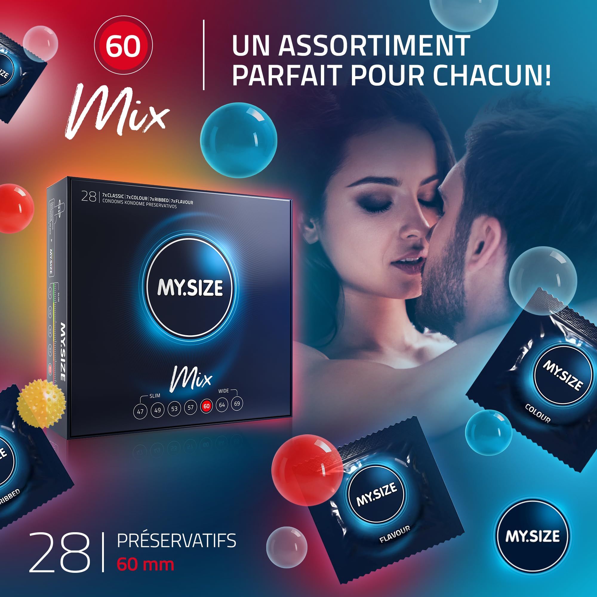 Préservatifs MY.SIZE Mix, 28 pièces, taille 60mm. Quatre variétés : Classic, Colour, Flavour, Ribbed.