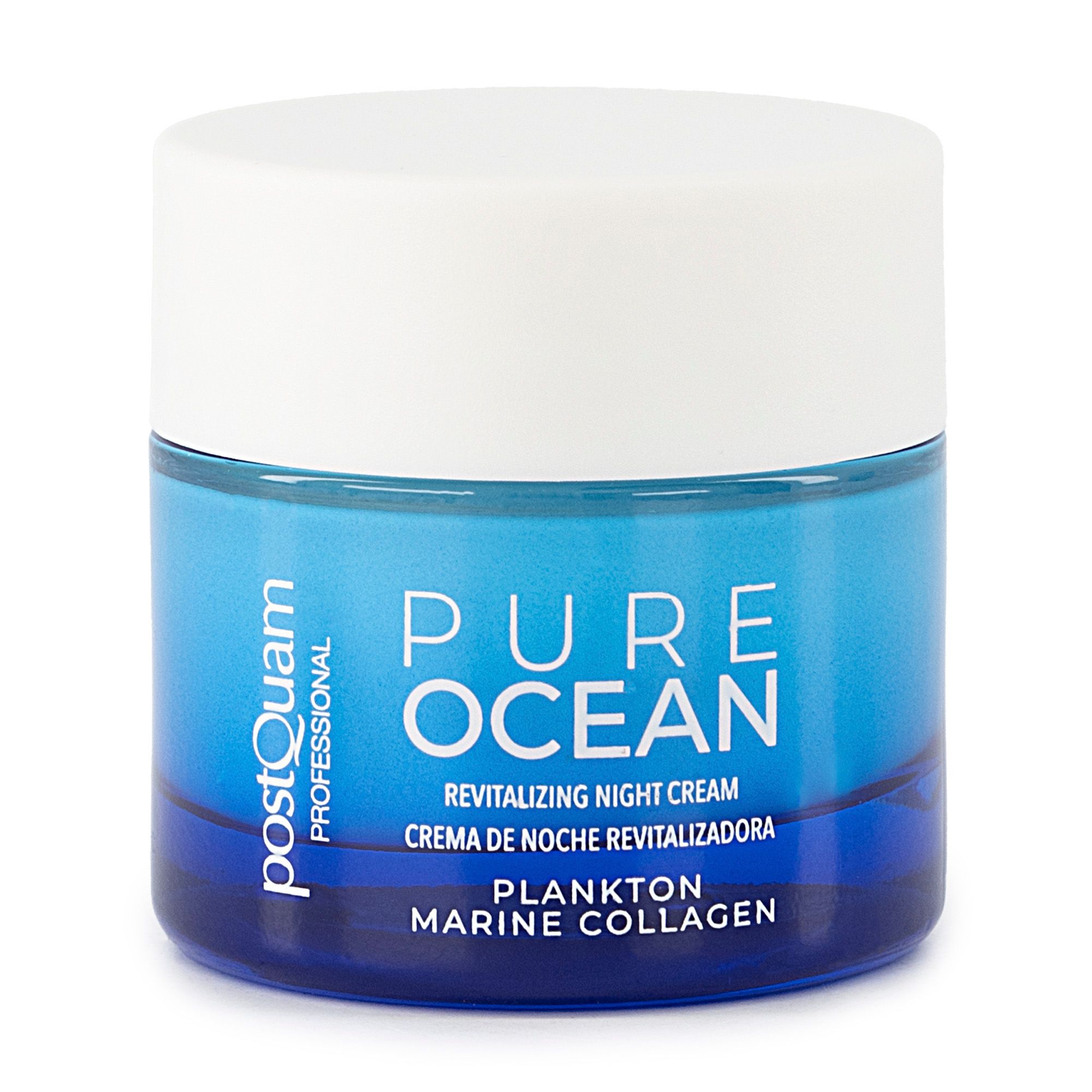 Pot de crème de nuit PostQuam bleu. Inscription : Pure Ocean, Revitalizing Night Cream, Plankton Marine Collagen. Couvercle blanc.