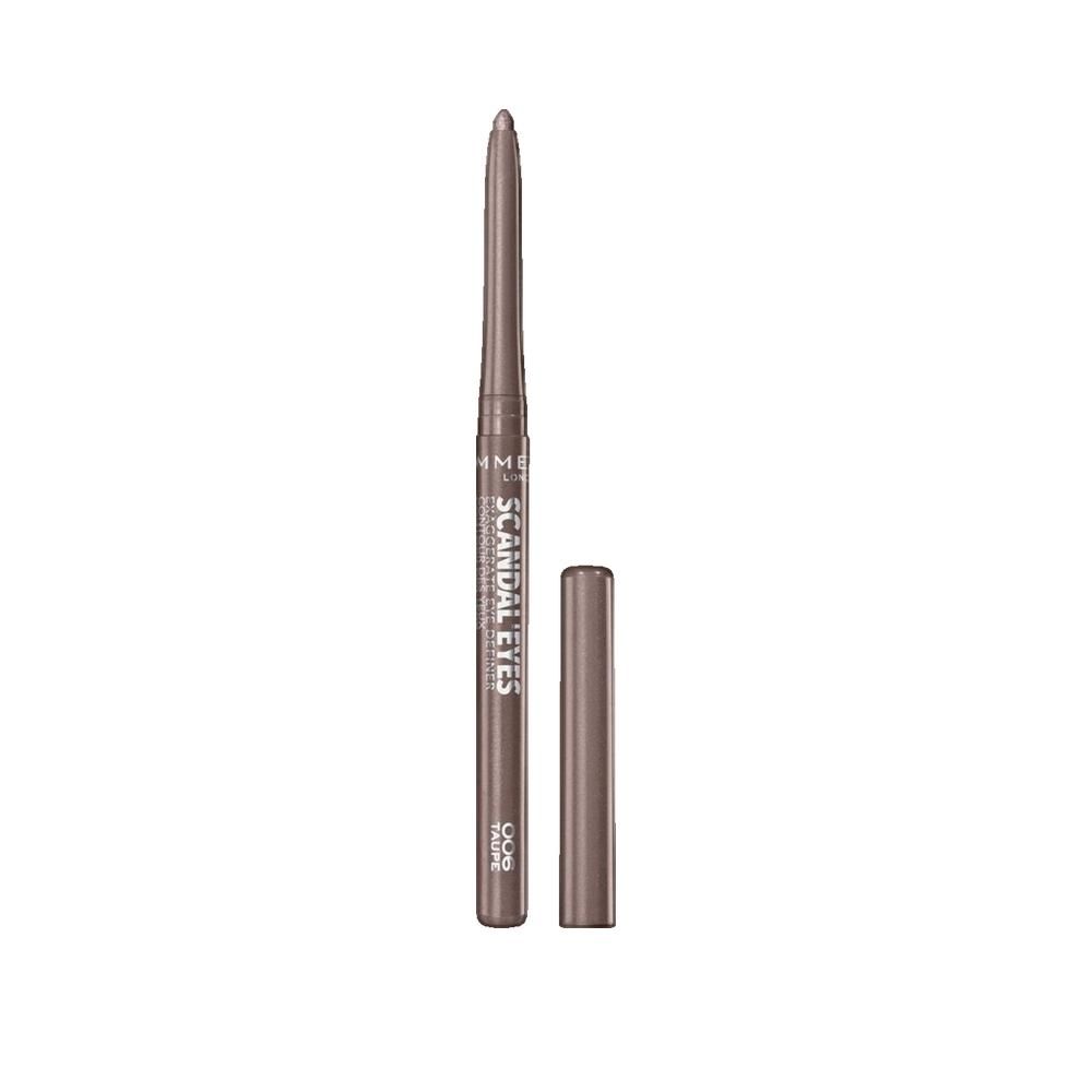 Automatische eyeliner, taupe, met dop. Opschrift: Scandaleyes, Taupe. Cilindrische vorm.