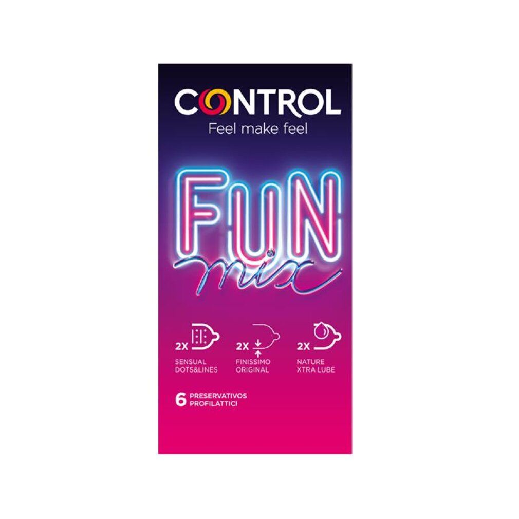 Verpakking Control Fun Mix condooms, 6 stuks. Bevat 2x Sensual Dots&Lines, 2x Finissimo Original, 2x Nature Xtra Lube.