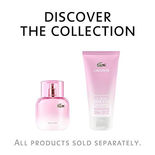 Deux produits sur fond blanc. Flacon et tube. Lacoste L.12.12 Pour Elle. Texte: Discover the Collection.