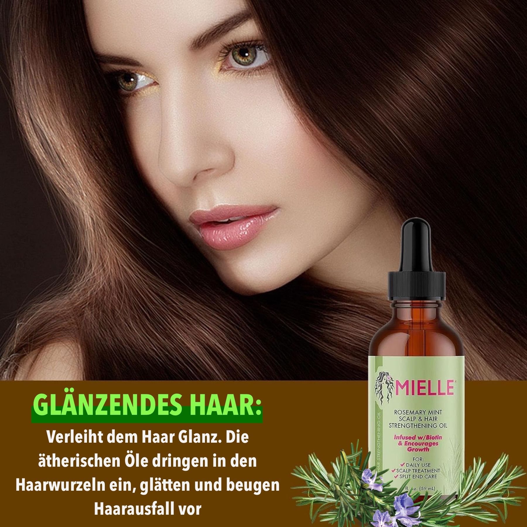 Flacon en verre brun avec pipette à côté de cheveux brillants. Étiquette avec texte et logo. Texte : Cheveux brillants.