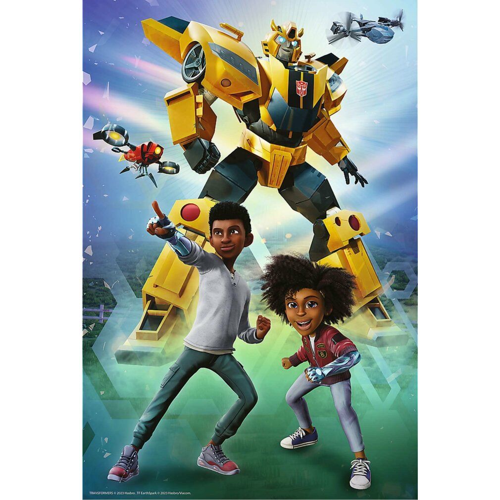 Affiche avec robot jaune et deux enfants. Fond avec éléments bleus et verts. Sans informations sur le produit.