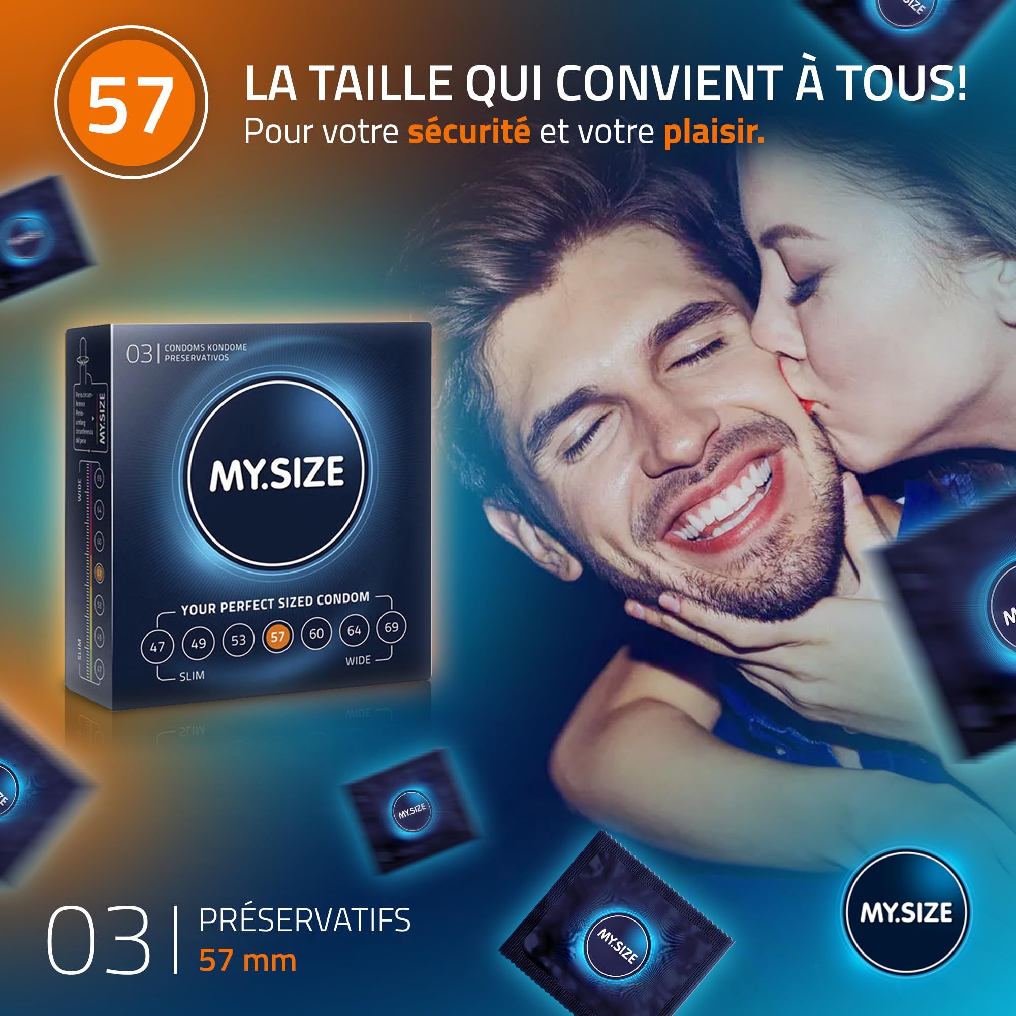 Image publicitaire: Couple, femme embrassant homme, entouré de boîtes MY.SIZE 57.