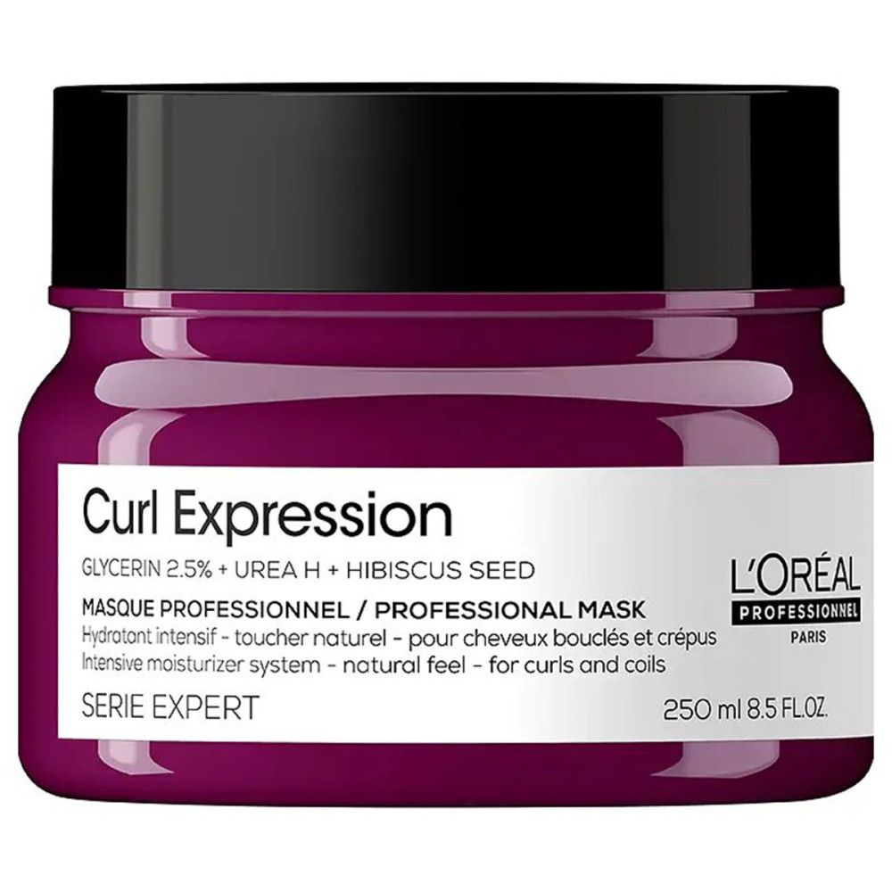 Pot rond, couvercle noir. Inscription: Curl Expression, L'Oréal. Contenance: 250 ml.