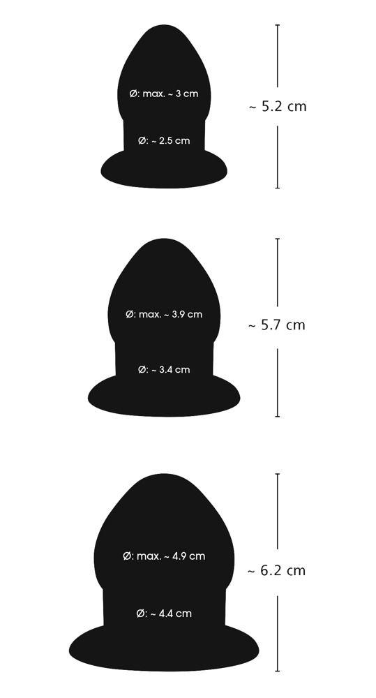 Représentation schématique de trois plugs d'étirement anal avec dimensions.
