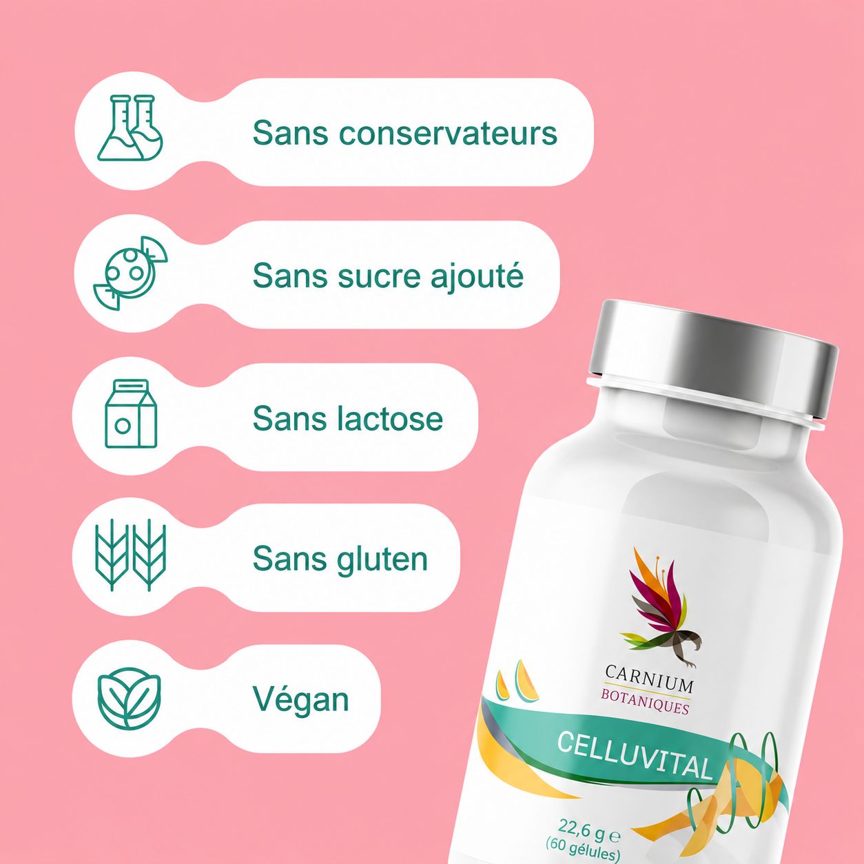 Bouteille de compléments alimentaires, étiquetée sans conservateurs, sans sucre ajouté, sans lactose, sans gluten et végane.