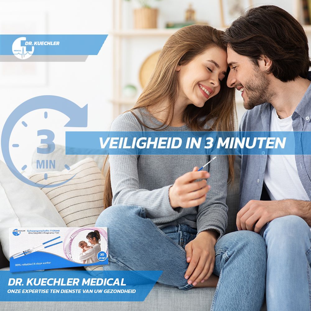 Gelukkig koppel houdt zwangerschapstest vast. "Veiligheid in 3 minuten".