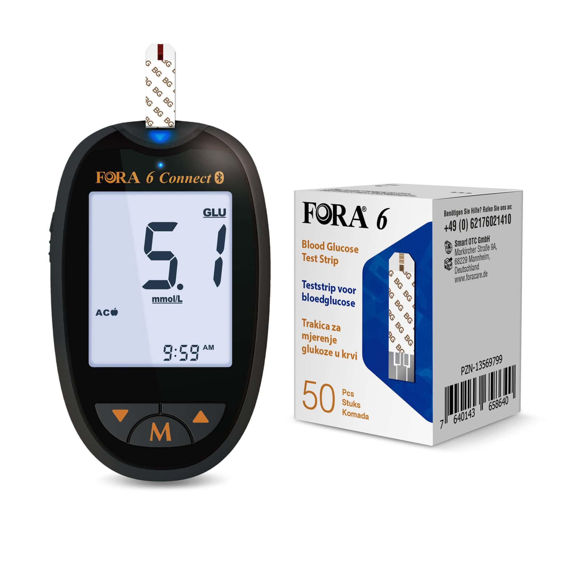 Glucomètre FORA 6 Connect avec boîte de bandelettes réactives (mmol/L).