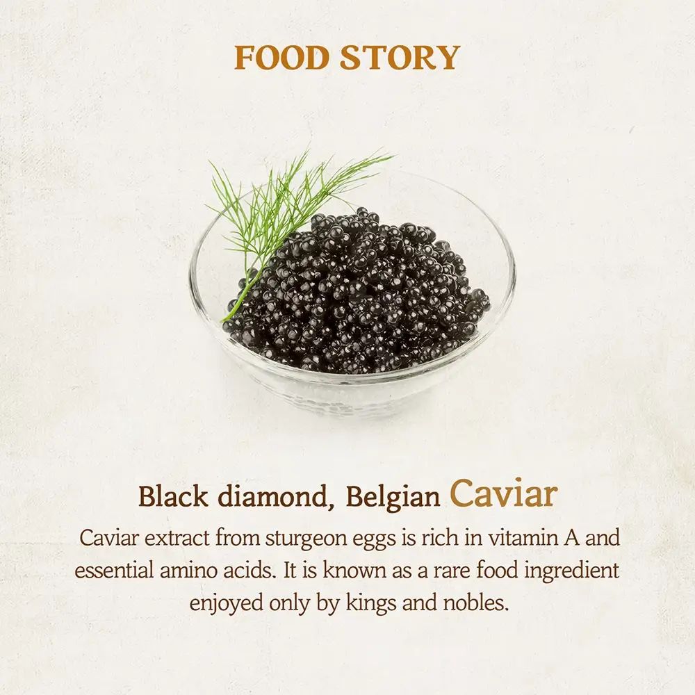 Bol de caviar noir, brin d'aneth. Texte : Black diamond, Belgian Caviar. Extrait de caviar d'œufs d'esturgeon.