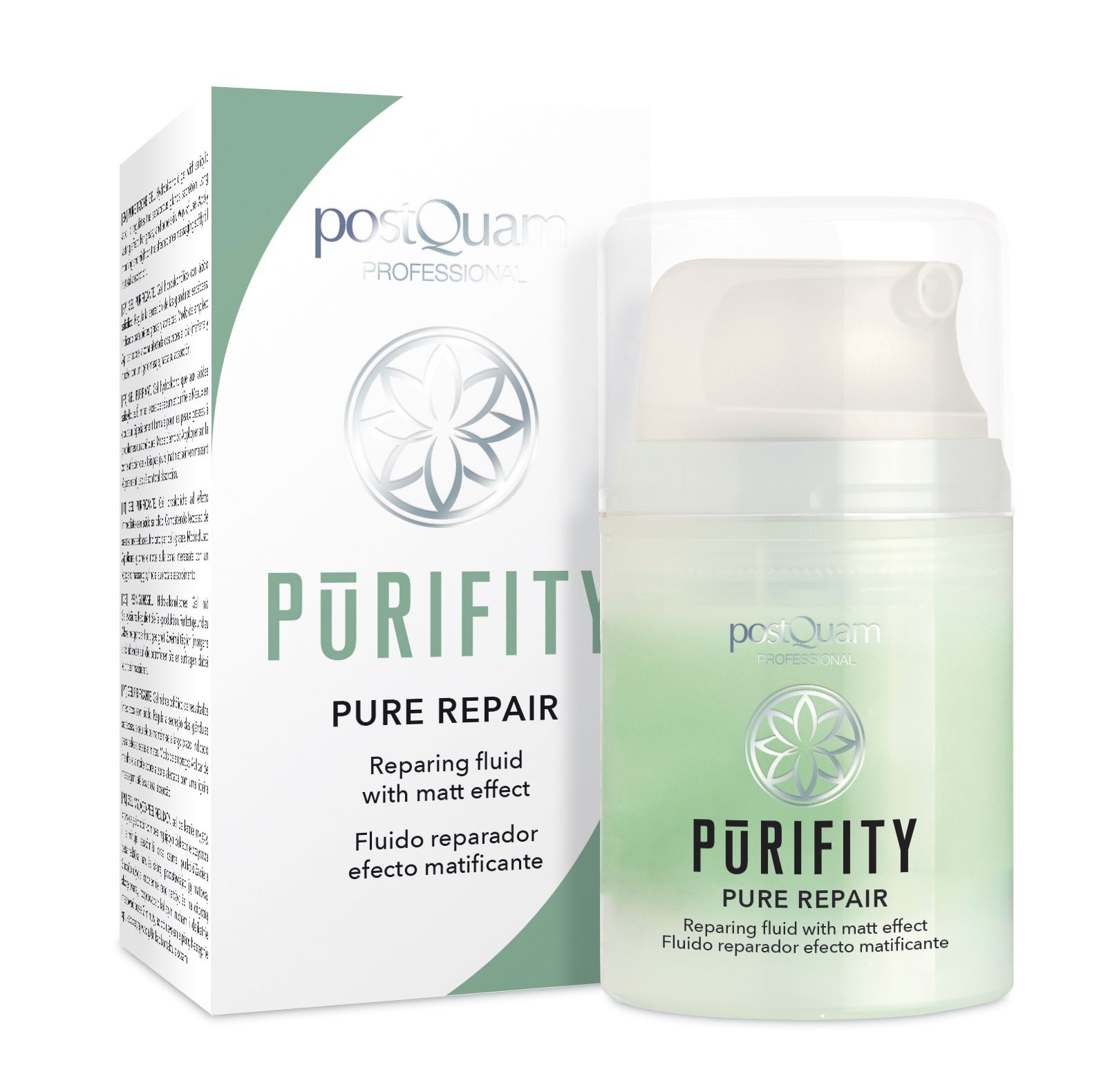 Fles en verpakking. Opschrift: PURIFITY PURE REPAIR. Herstellende vloeistof met mat effect. Merk: postQuam.
