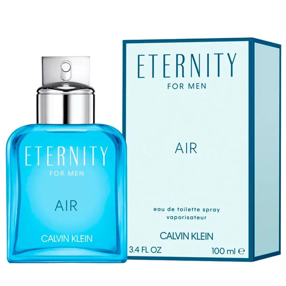 Flacon de parfum bleu clair avec bouchon argenté et boîte. Inscription : Eternity Air For Men, Calvin Klein.