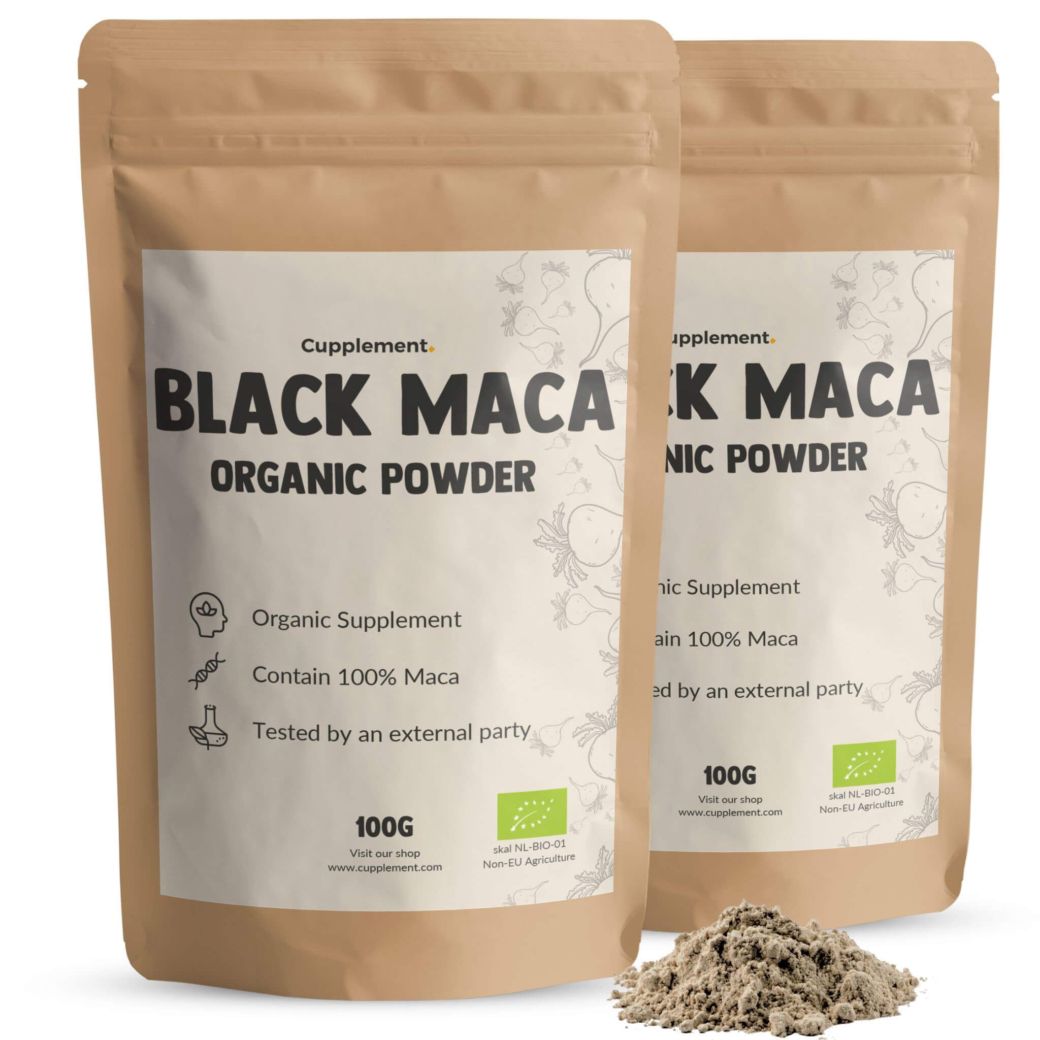 Deux sachets de poudre de Maca noire Cupplement. Sachets bruns avec texte blanc. 100g. Label BIO.