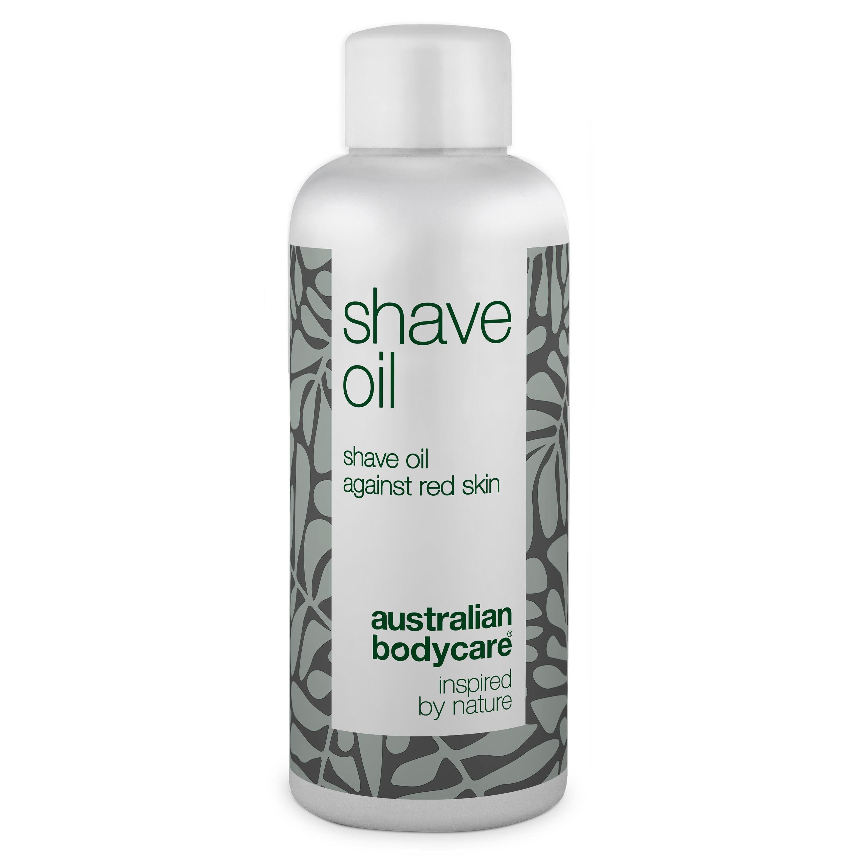 Witte fles met 'Shave Oil'. Grijs patroon. 'Australian Bodycare' logo.