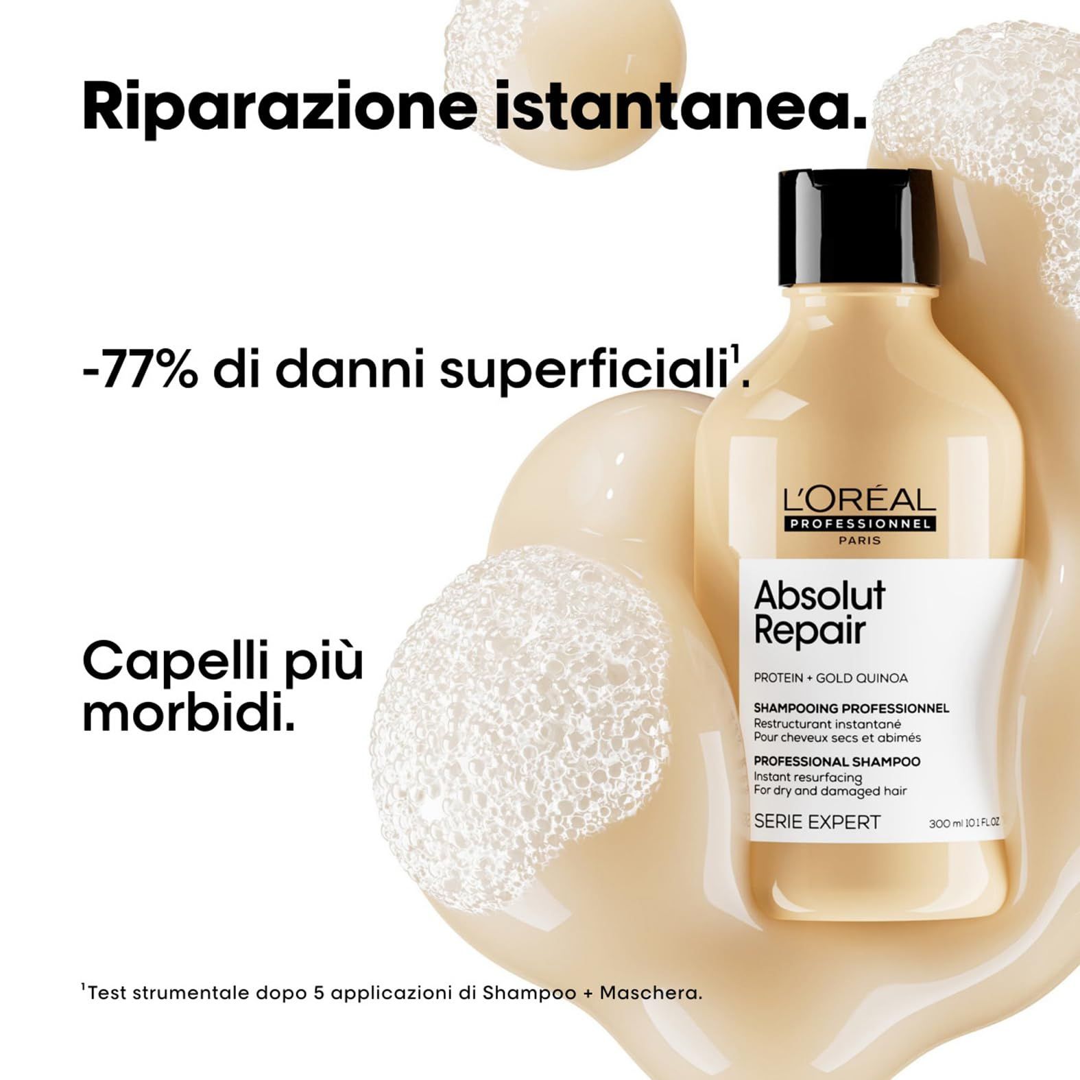 Shampoo fles, schuim en tekst: -77% oppervlakteschade. L'Oréal Professionnel Absolut Repair.