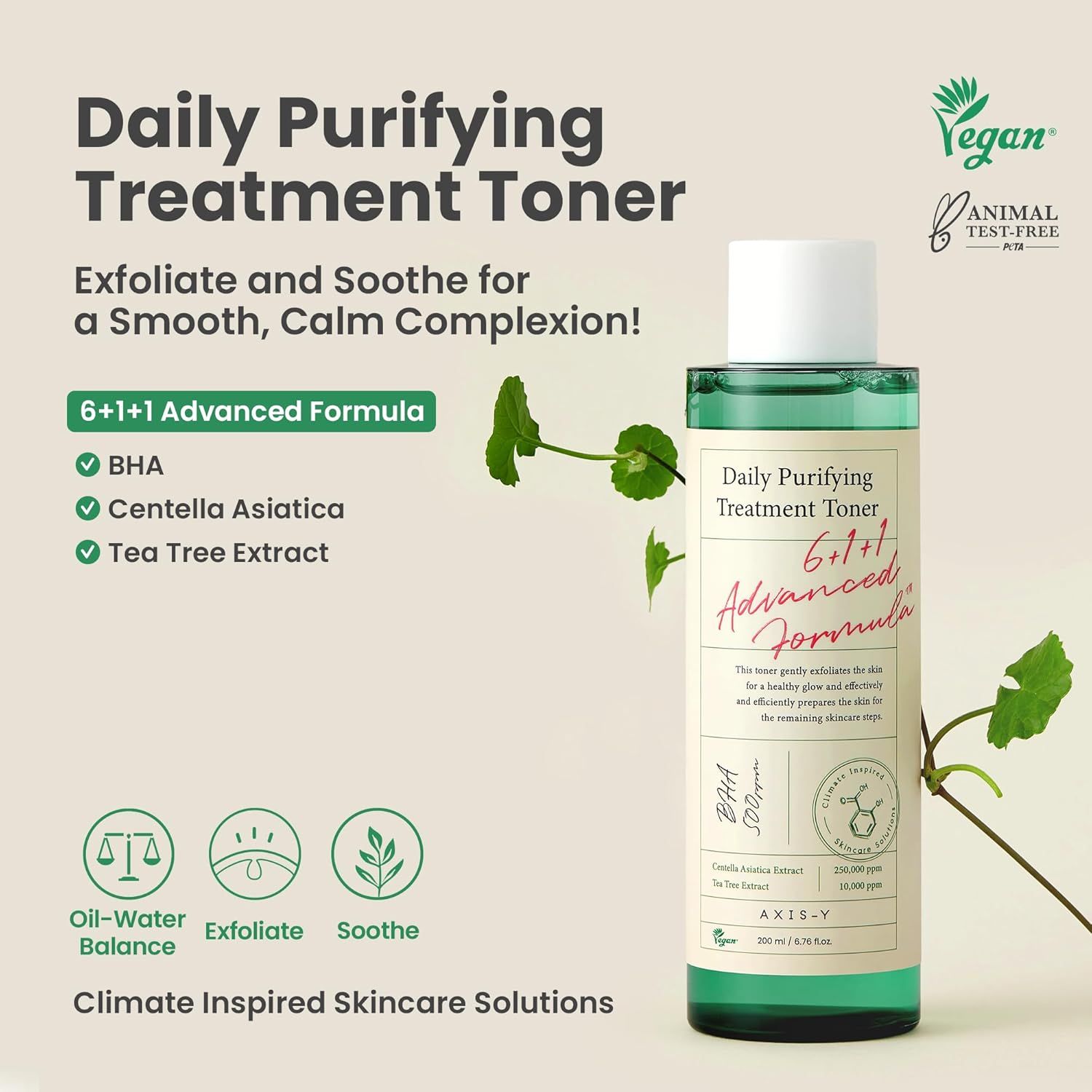 Une bouteille de toner avec l'inscription : Daily Purifying Treatment Toner, 6+1+1 Advanced Formula. Vegan et sans cruauté.