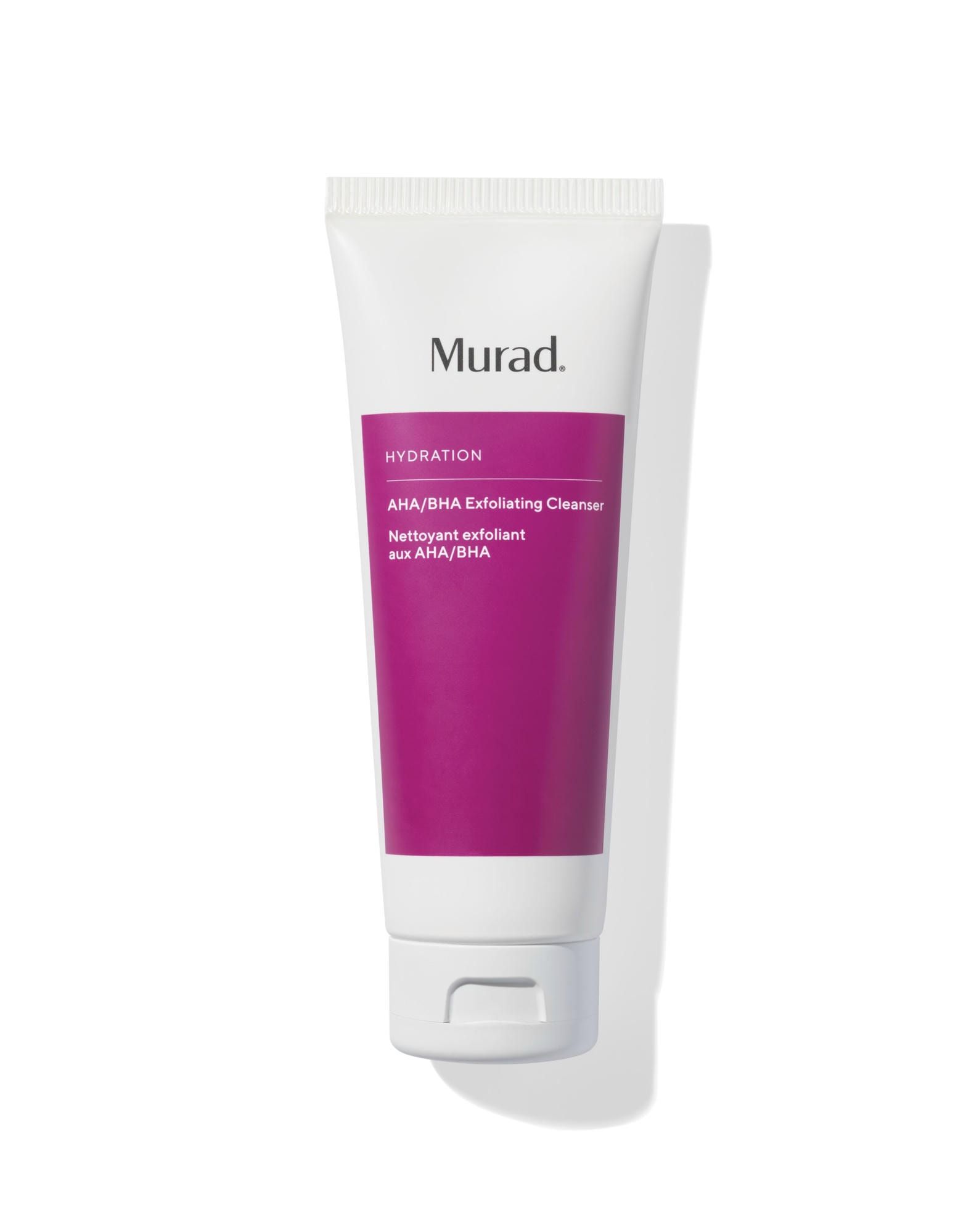Witte en paarse tube. Opschrift: Murad, AHA/BHA Exfoliating Cleanser.