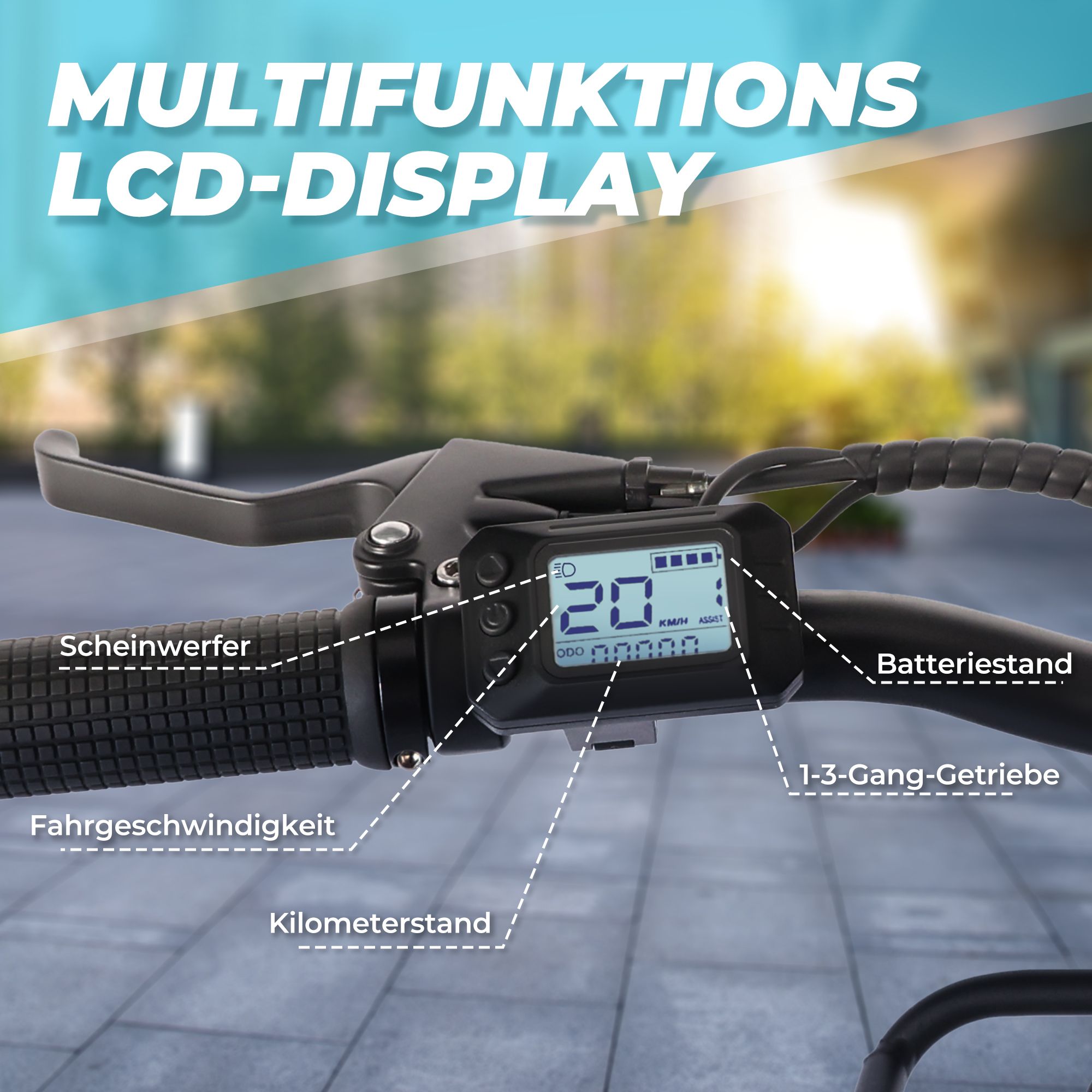 Stuur met LCD-scherm. Weergave van snelheid, kilometerstand en batterij. Tekst: 1-3 versnellingen.